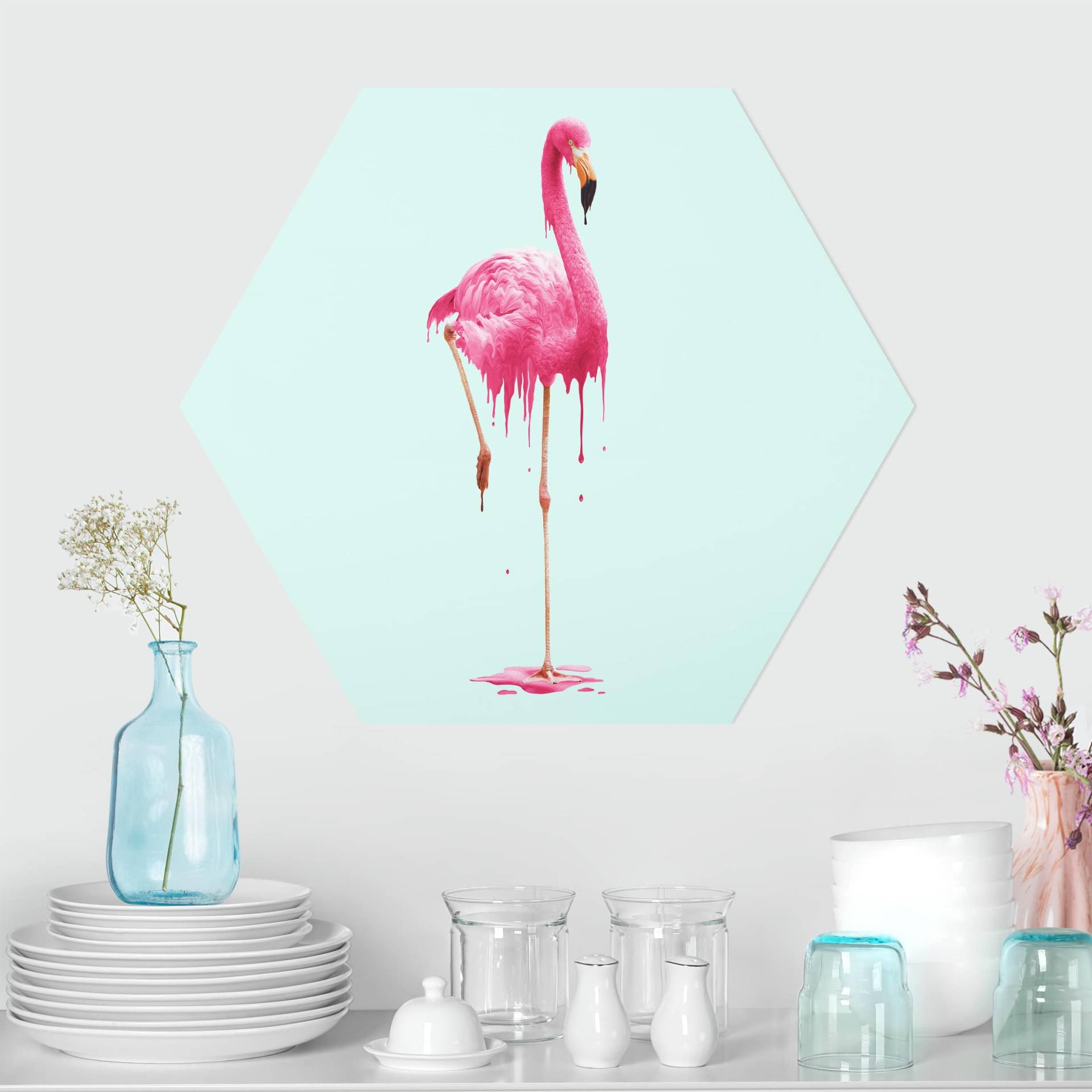 Hexagon-Alu-Dibond Bild Schmelzender Flamingo von Klebefieber