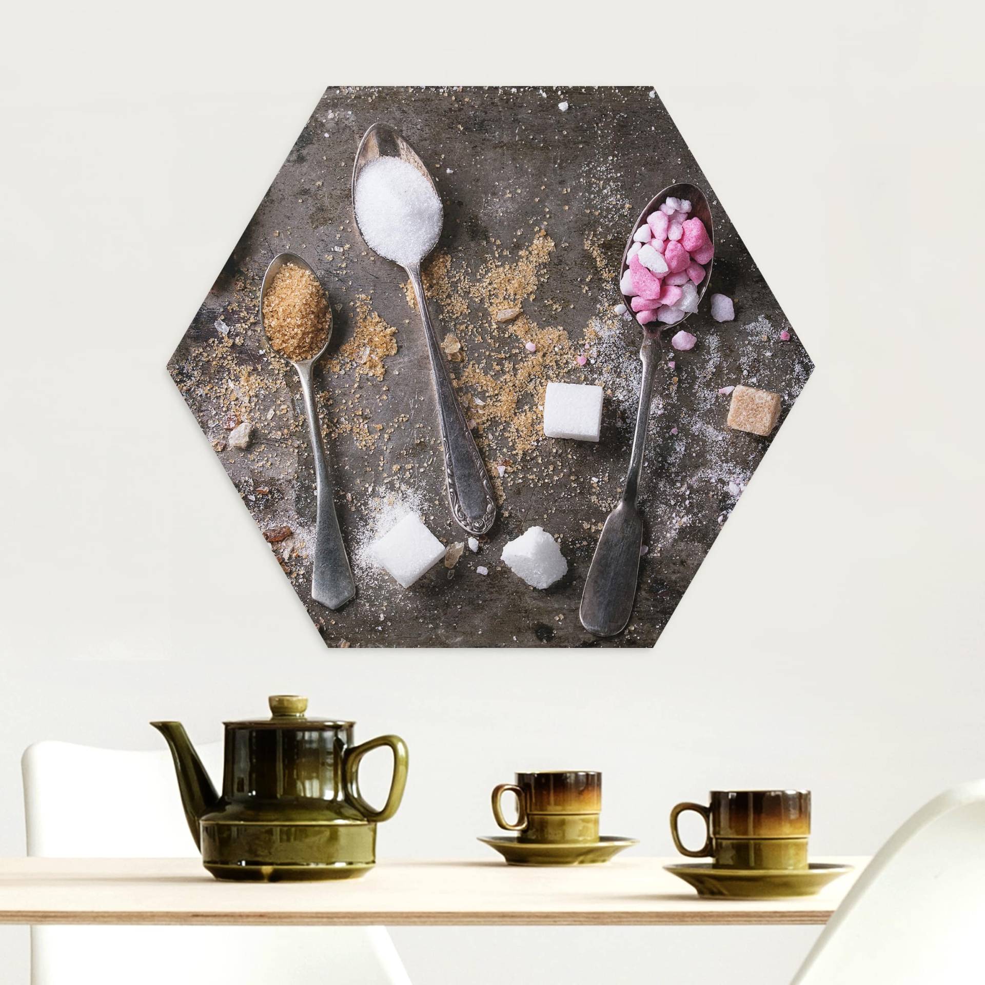 Hexagon-Alu-Dibond Bild Vintage Löffel mit Zucker von Klebefieber