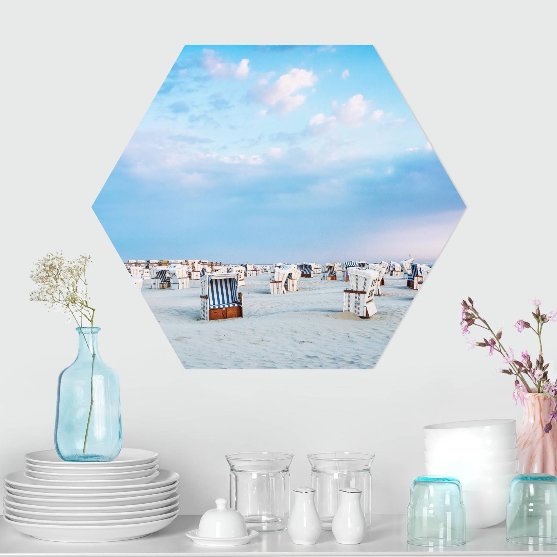 Hexagon-Forexbild Strandkörbe an der Nordsee von Klebefieber