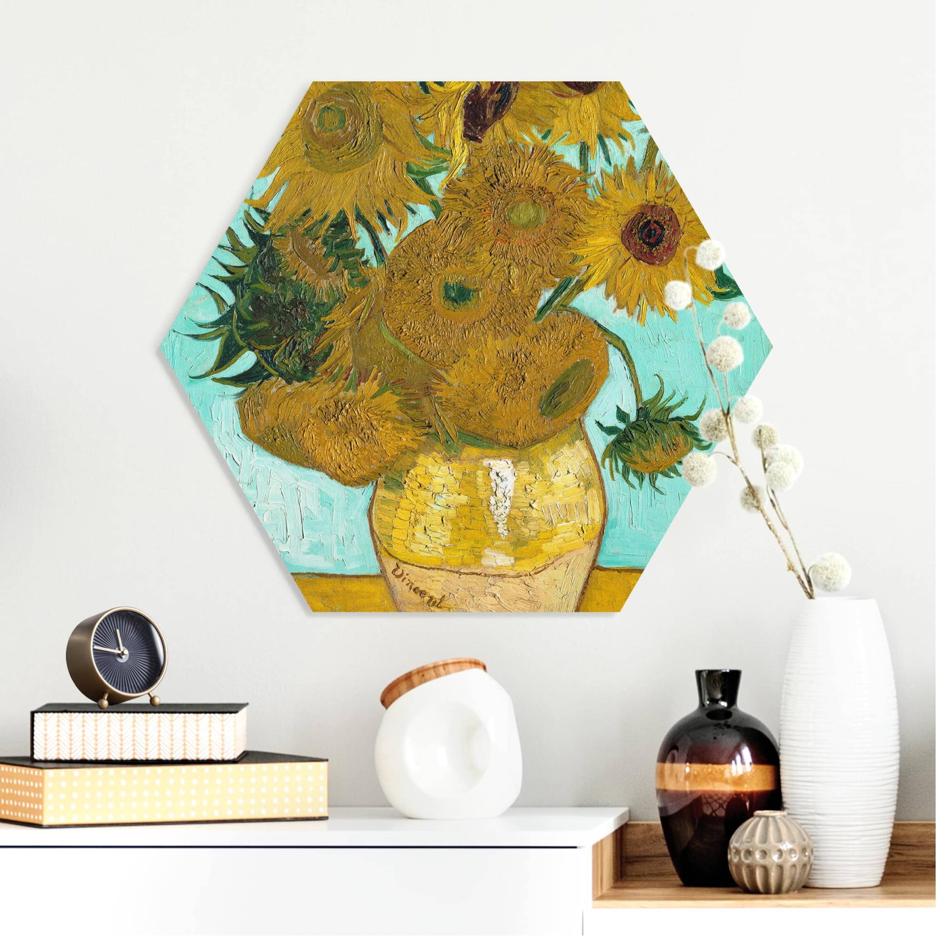 Hexagon-Forexbild Vincent van Gogh - Vase mit Sonnenblumen von Klebefieber