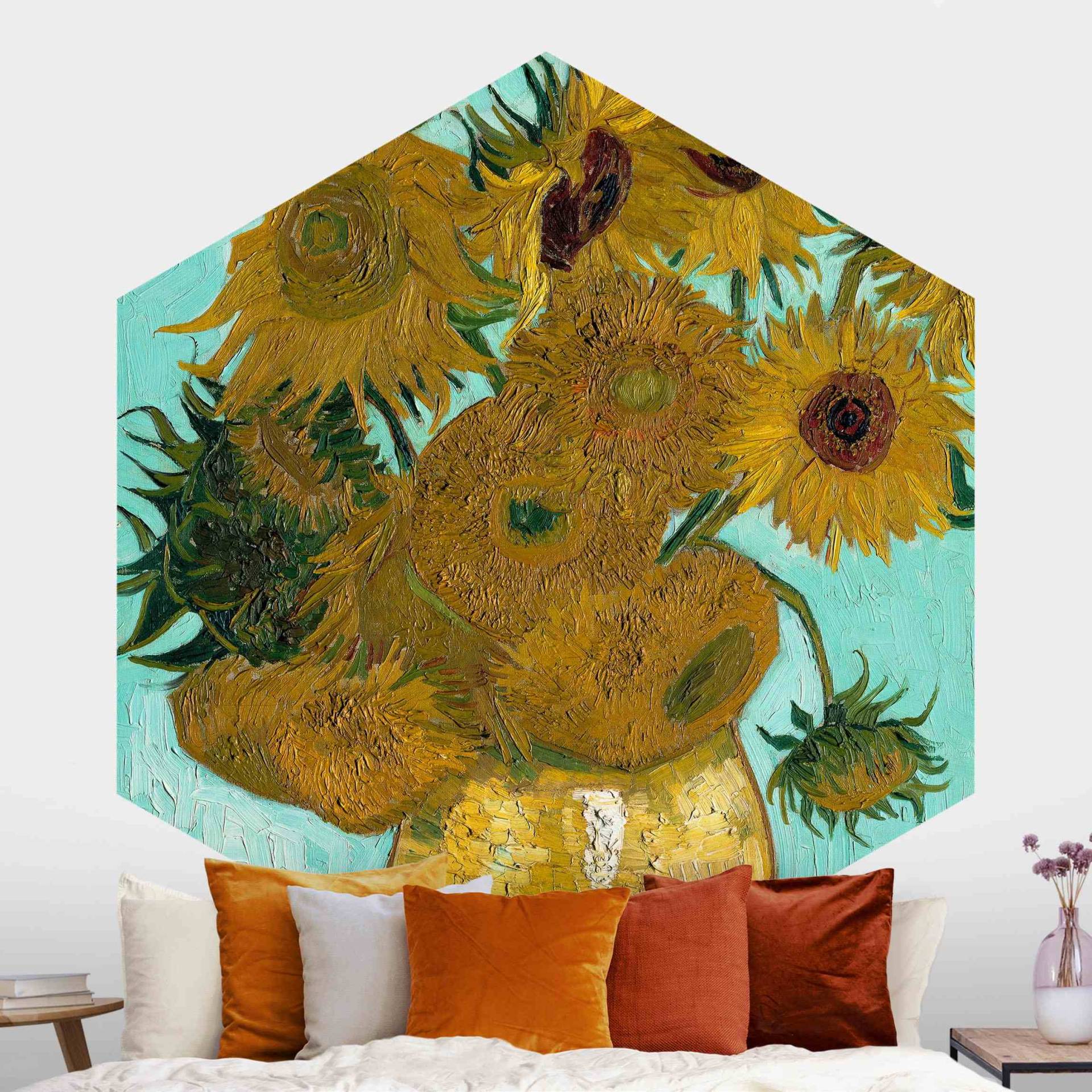Hexagon Fototapete selbstklebend Vincent van Gogh - Vase mit Sonnenblumen von Klebefieber