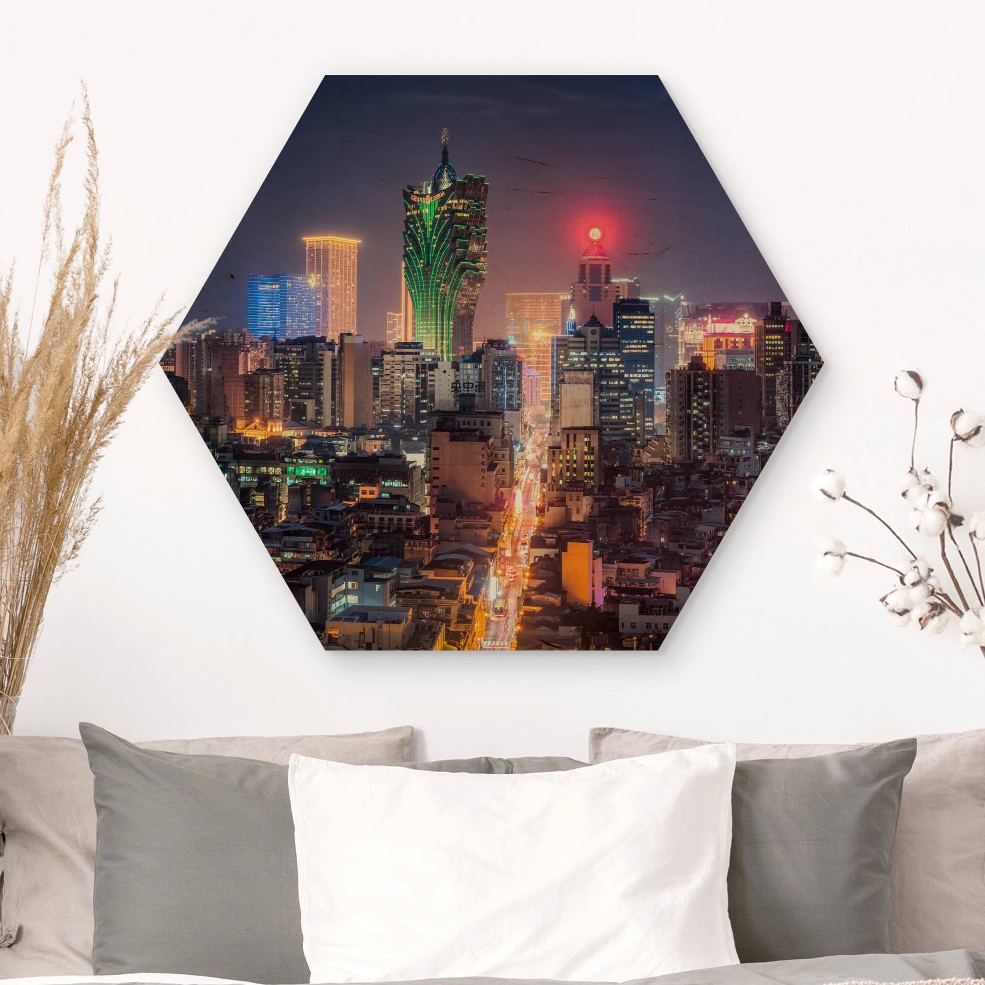 Hexagon-Holzbild Nachtlichter von Macau von Klebefieber