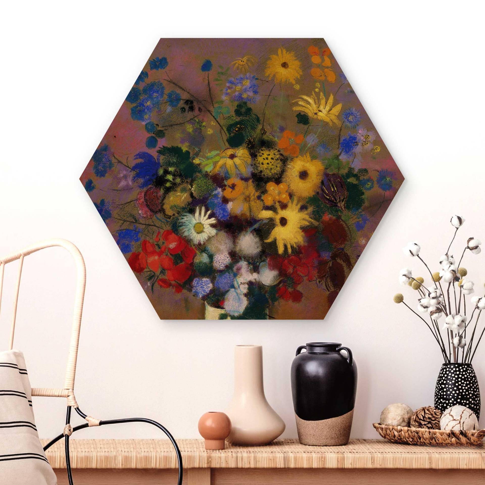 Hexagon-Holzbild Odilon Redon - Blumen in einer Vase von Klebefieber