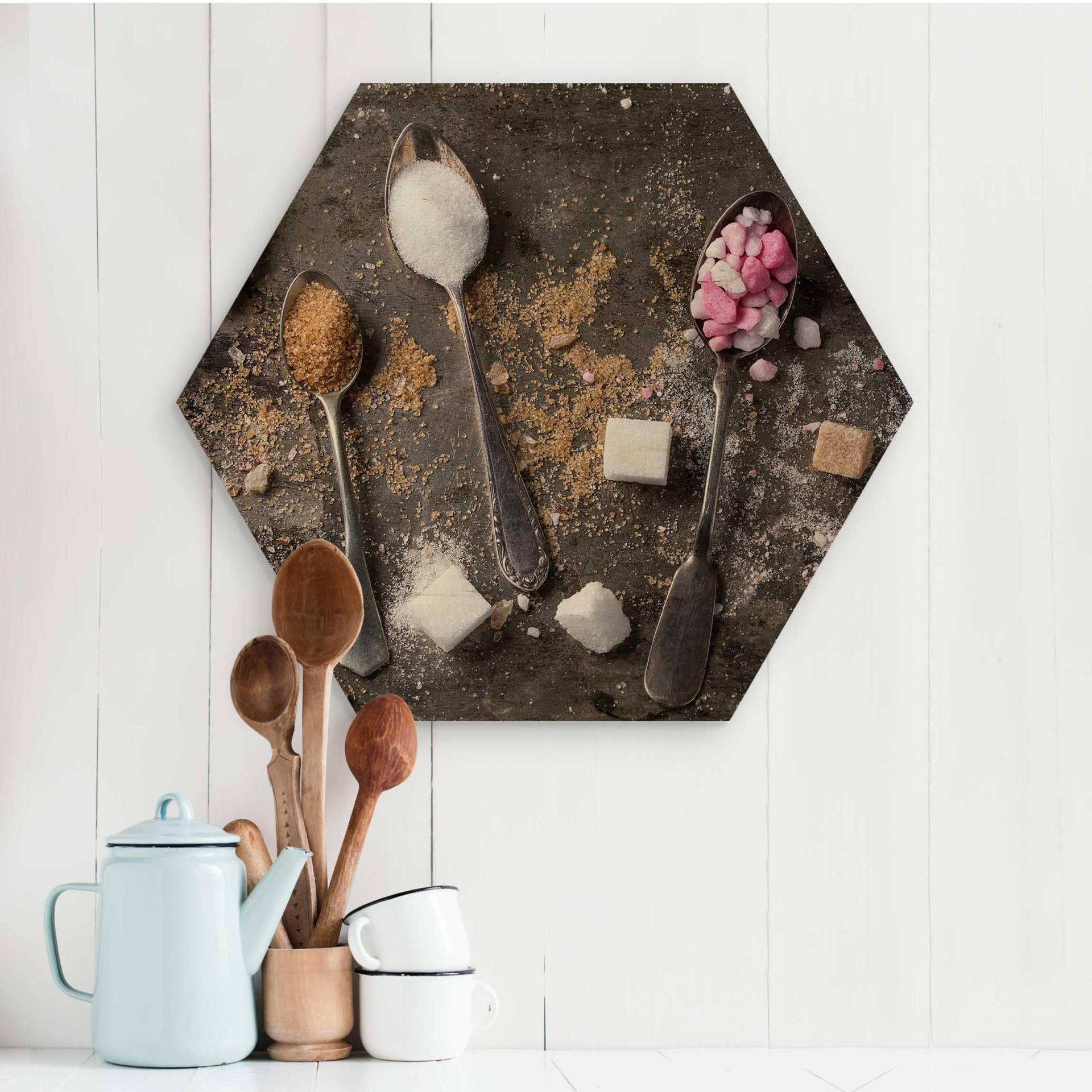 Hexagon-Holzbild Vintage Löffel mit Zucker von Klebefieber