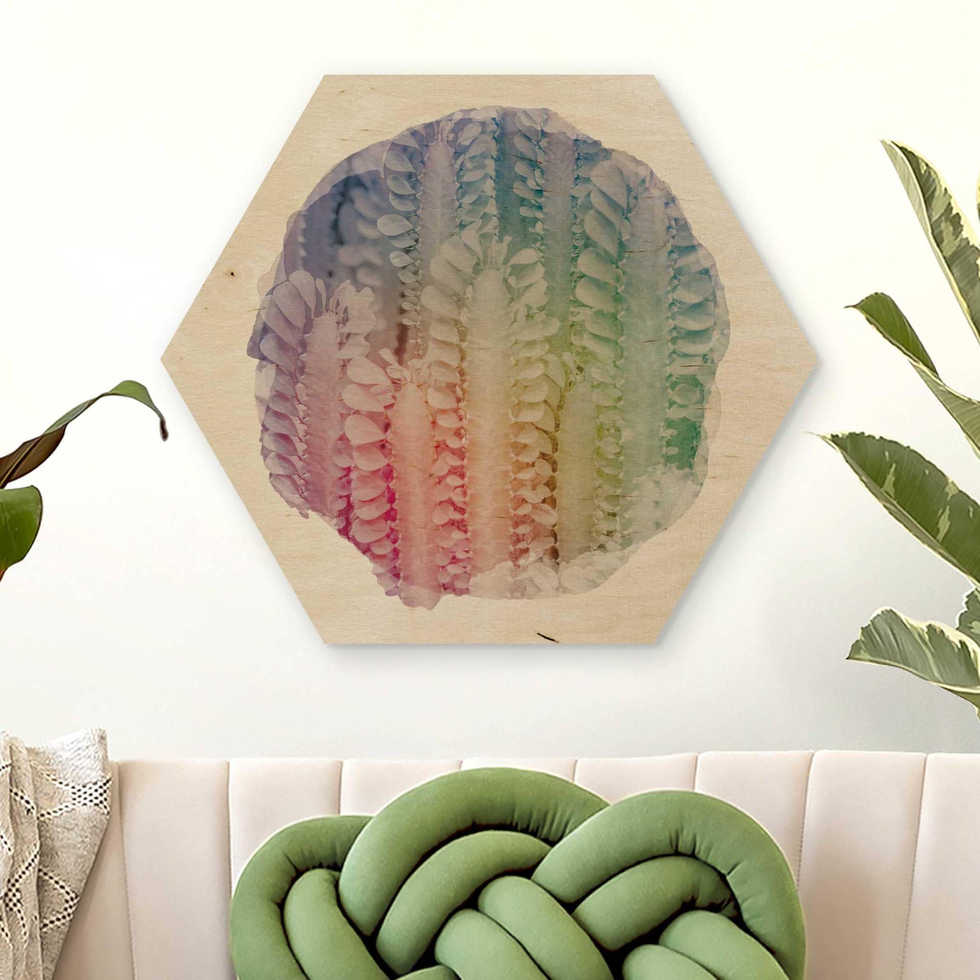 Hexagon-Holzbild Wasserfarben - Kaktus Euphorbia Trigona von Klebefieber