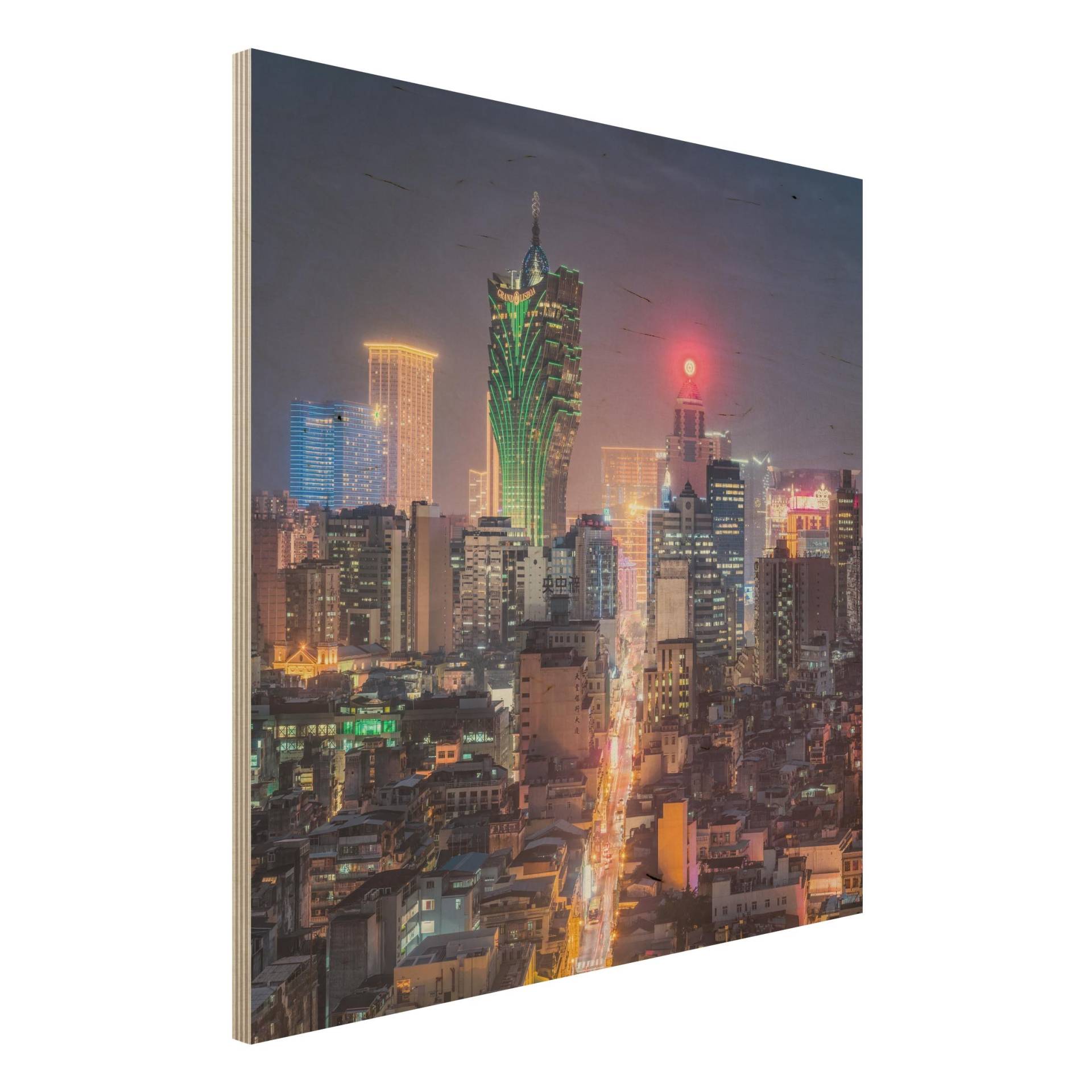 Holzbild Nachtlichter von Macau von Klebefieber