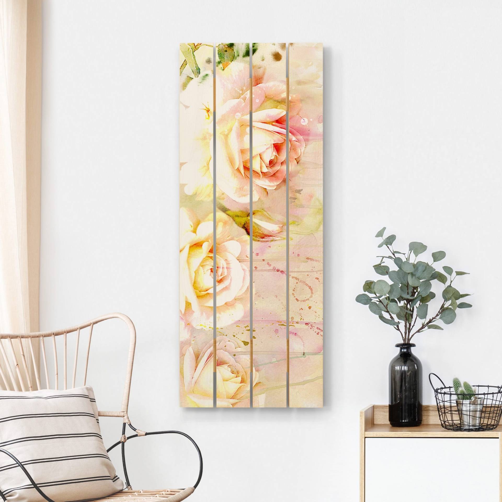 Holzbild Plankenoptik Aquarell Blumen Rosen von Klebefieber