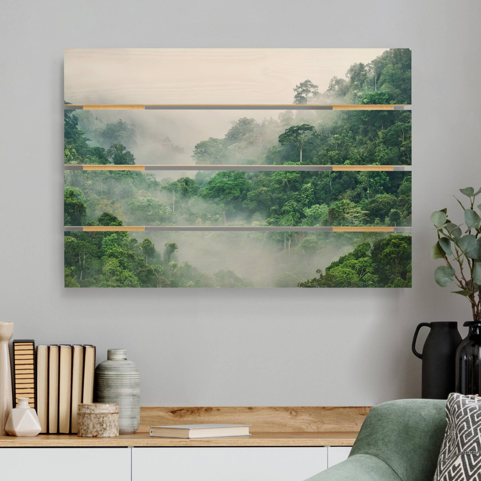 Holzbild Plankenoptik Dschungel im Nebel von Klebefieber