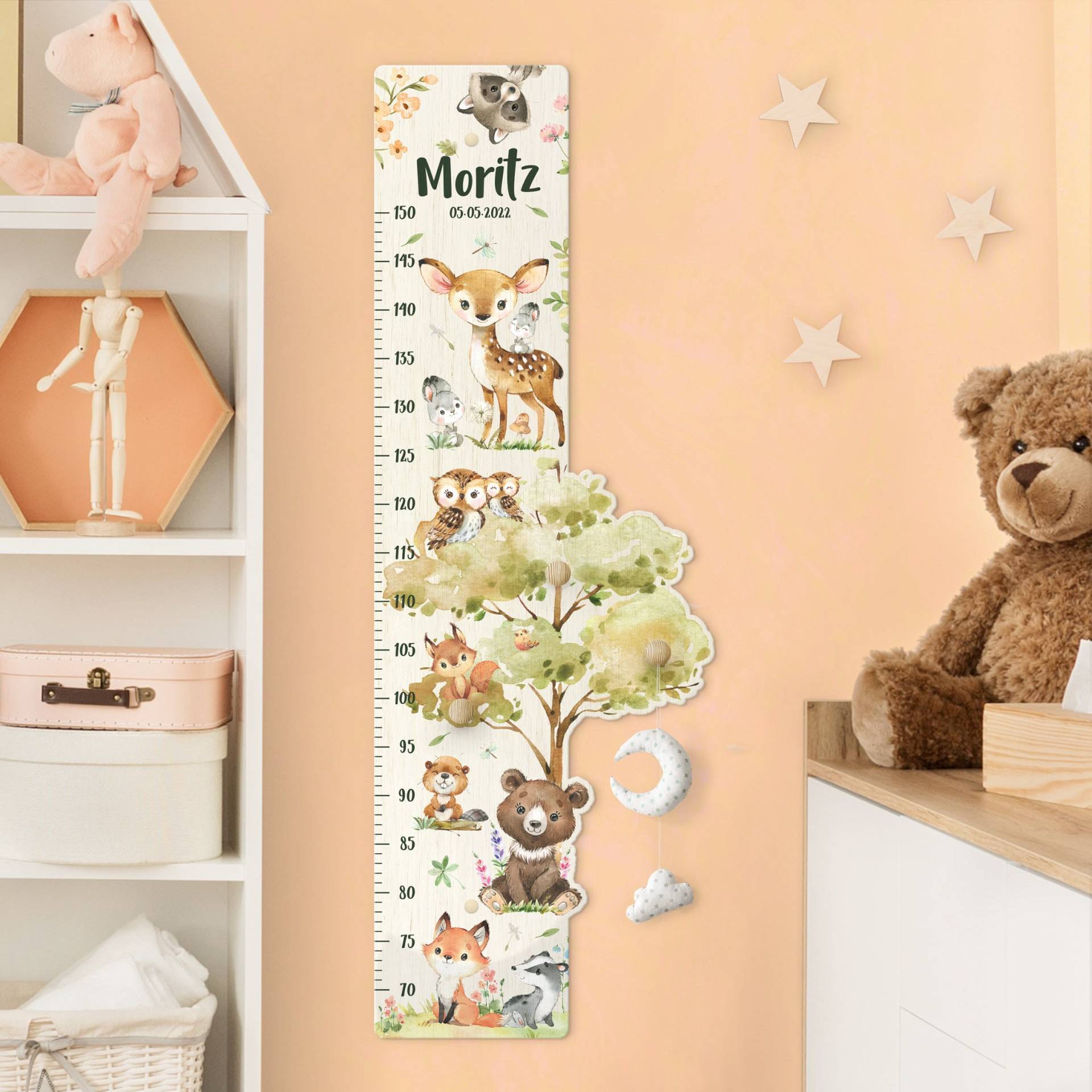 Kindermesslatte Holz mit Haken Tiere aus dem Wald Aquarell mit Wunschname von Klebefieber