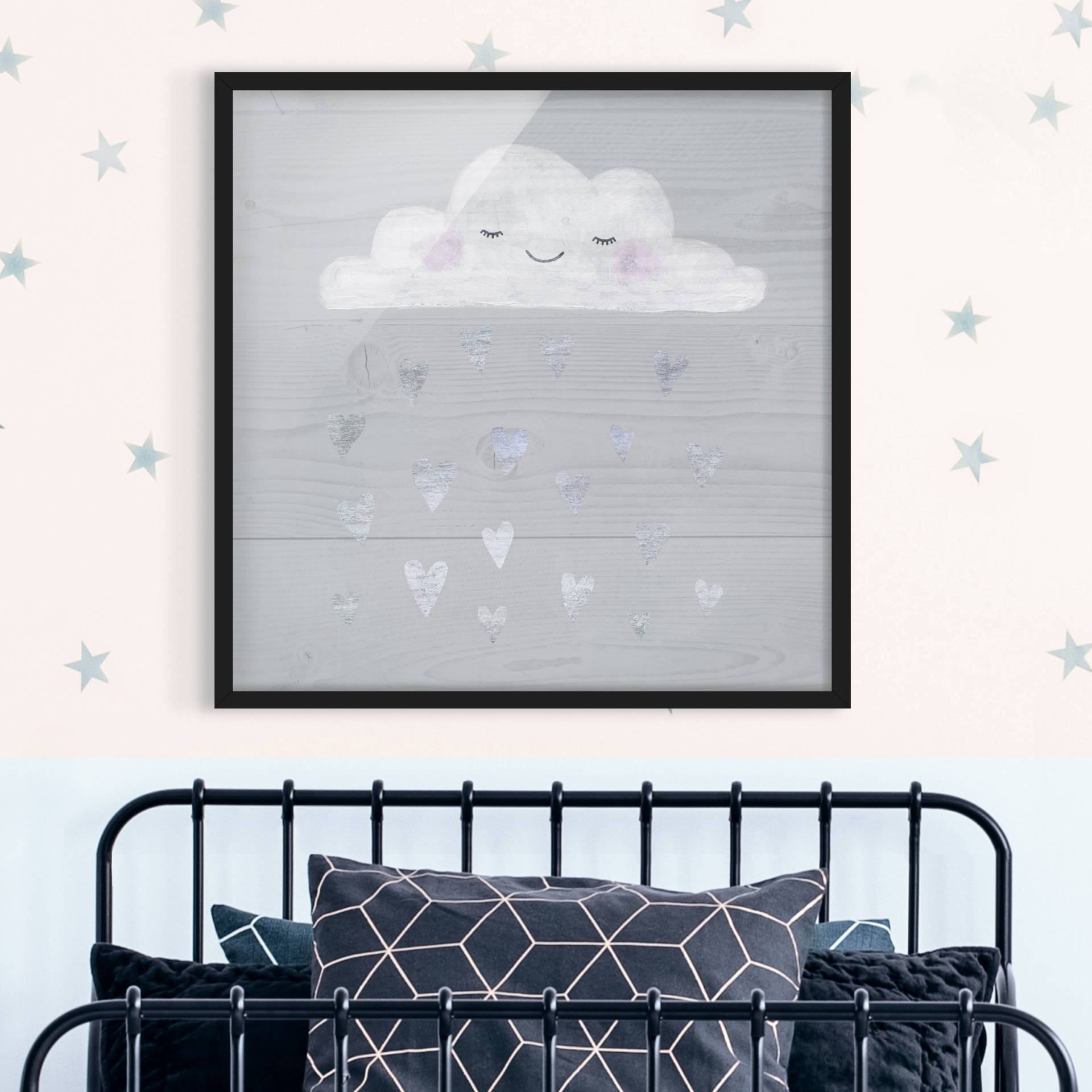Kinderzimmer Bild mit Rahmen Wolke mit silbernen Herzen von Klebefieber