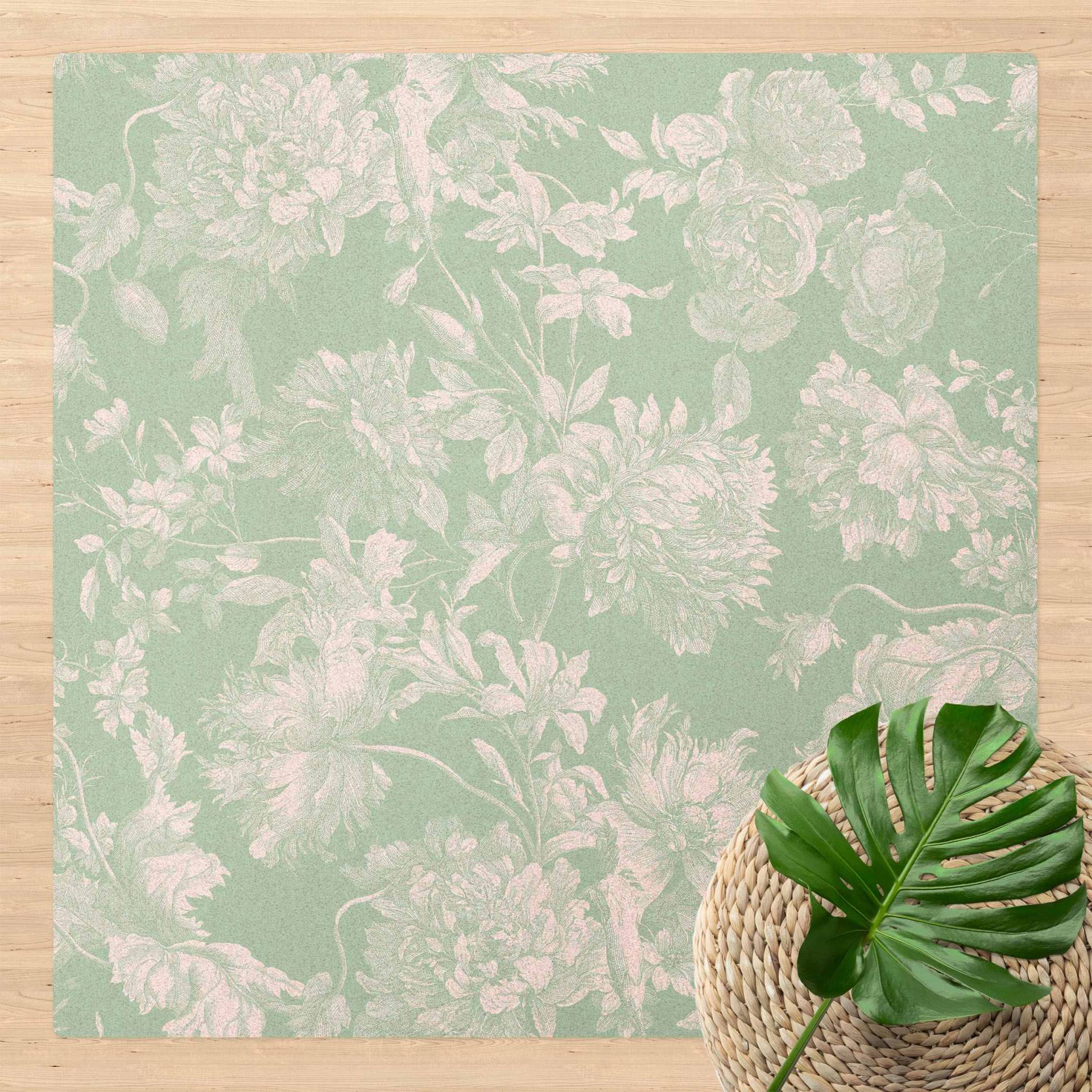 Kork-Teppich Floraler Kupferstich Weißgrün von Klebefieber