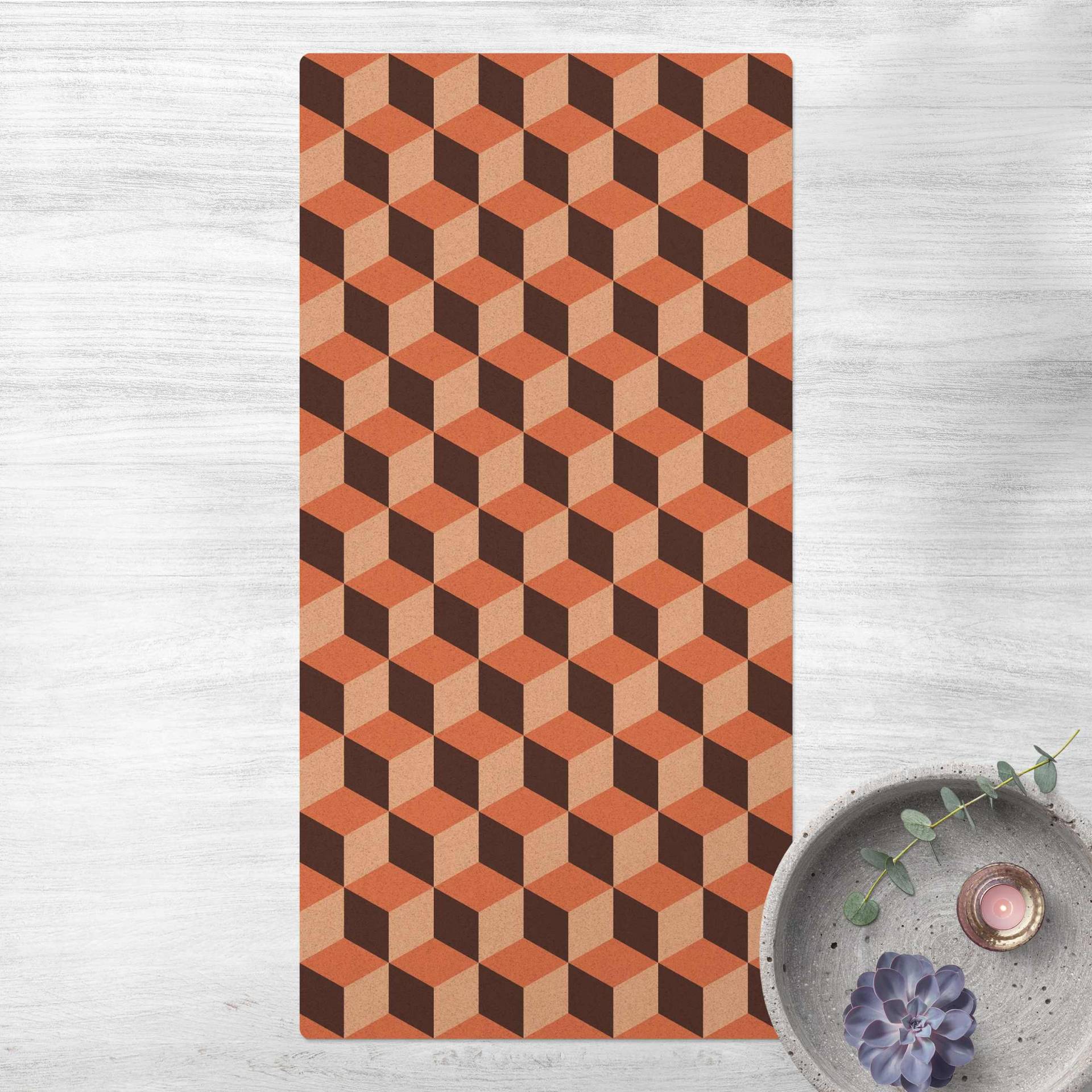 Kork-Teppich Geometrischer Fliesenmix Würfel Orange von Klebefieber