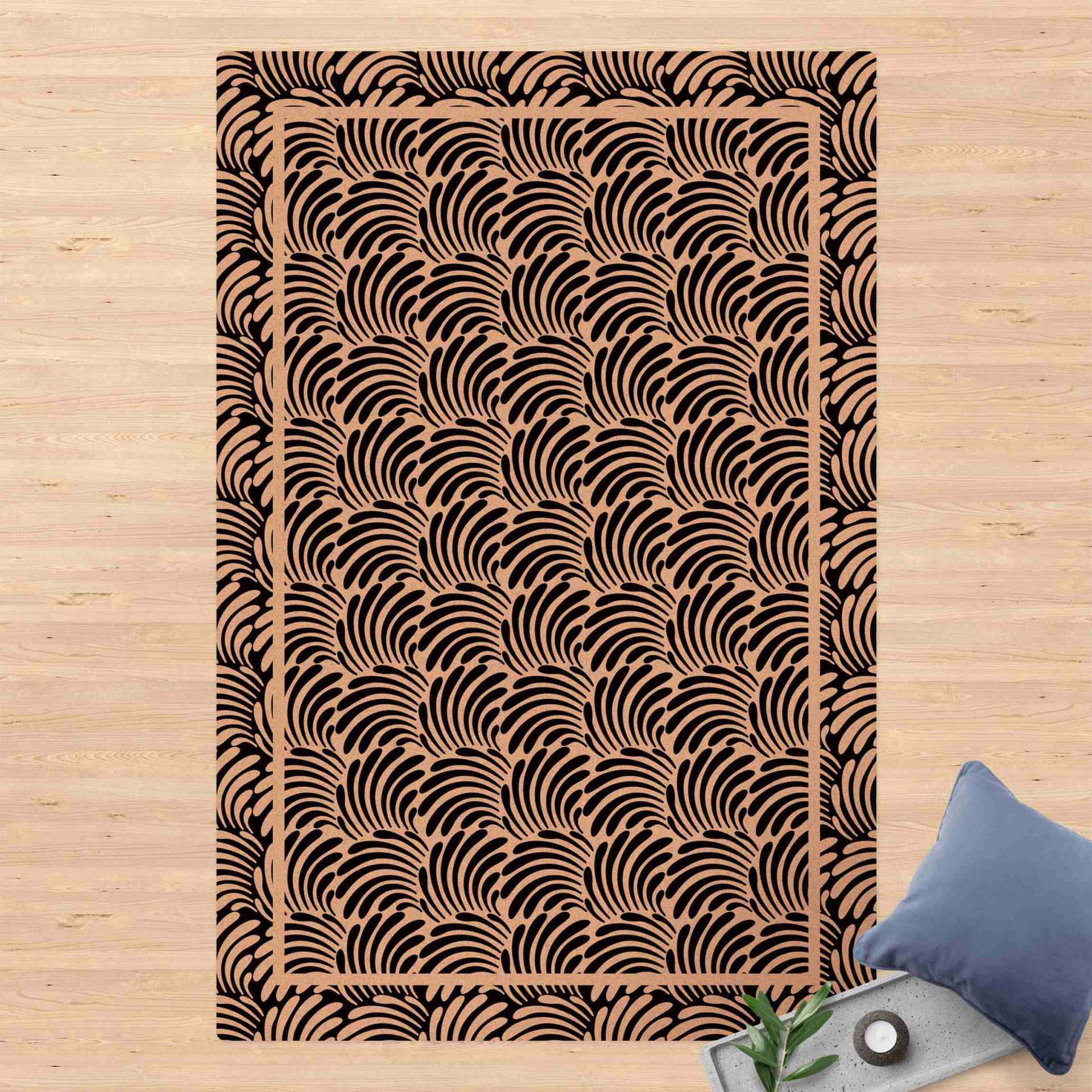 Kork-Teppich Quadratische Blätterornamente Schwarz Weiß mit Rahmen von Klebefieber