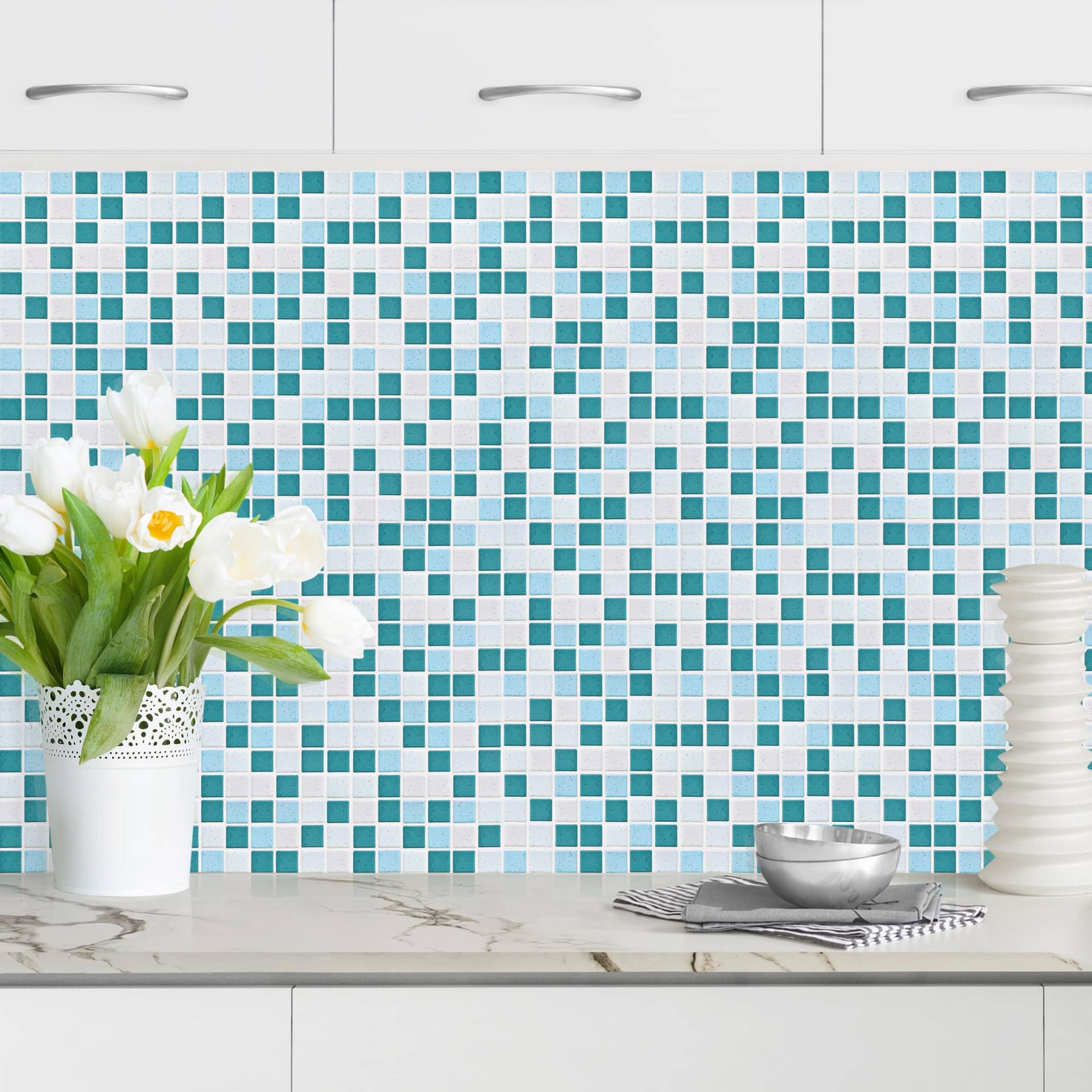 Küchenrückwand Fliesenoptik Mosaikfliesen Türkis Blau von Klebefieber