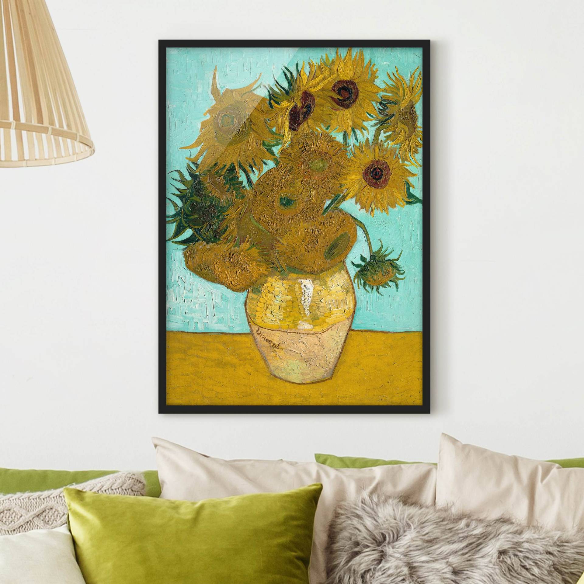 Kunstdruck mit Rahmen Vincent van Gogh - Vase mit Sonnenblumen von Klebefieber