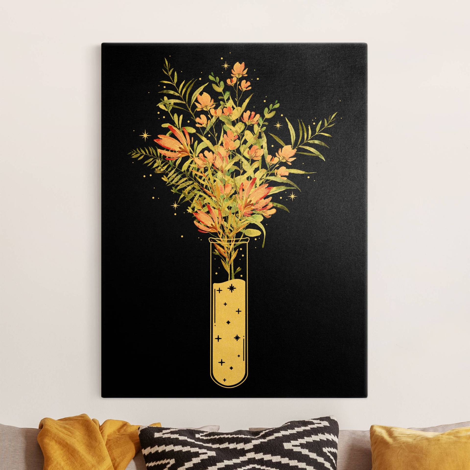 Leinwandbild Gold Blumen im Reagenzglas von Klebefieber