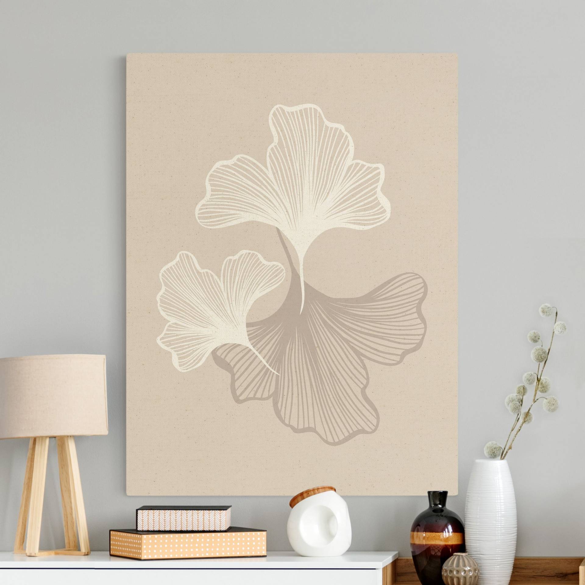 Leinwandbild auf Naturcanvas Illustration Ginko Blätter Beige von Klebefieber