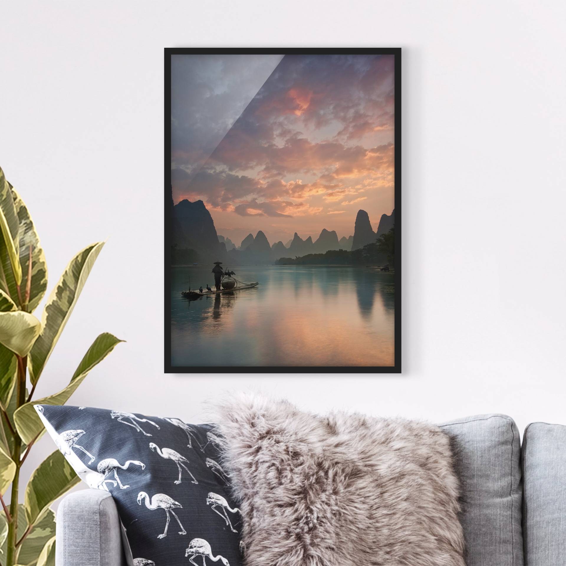 Natur & Landschaft Bild mit Rahmen Sonnenaufgang über chinesischem Fluss von Klebefieber