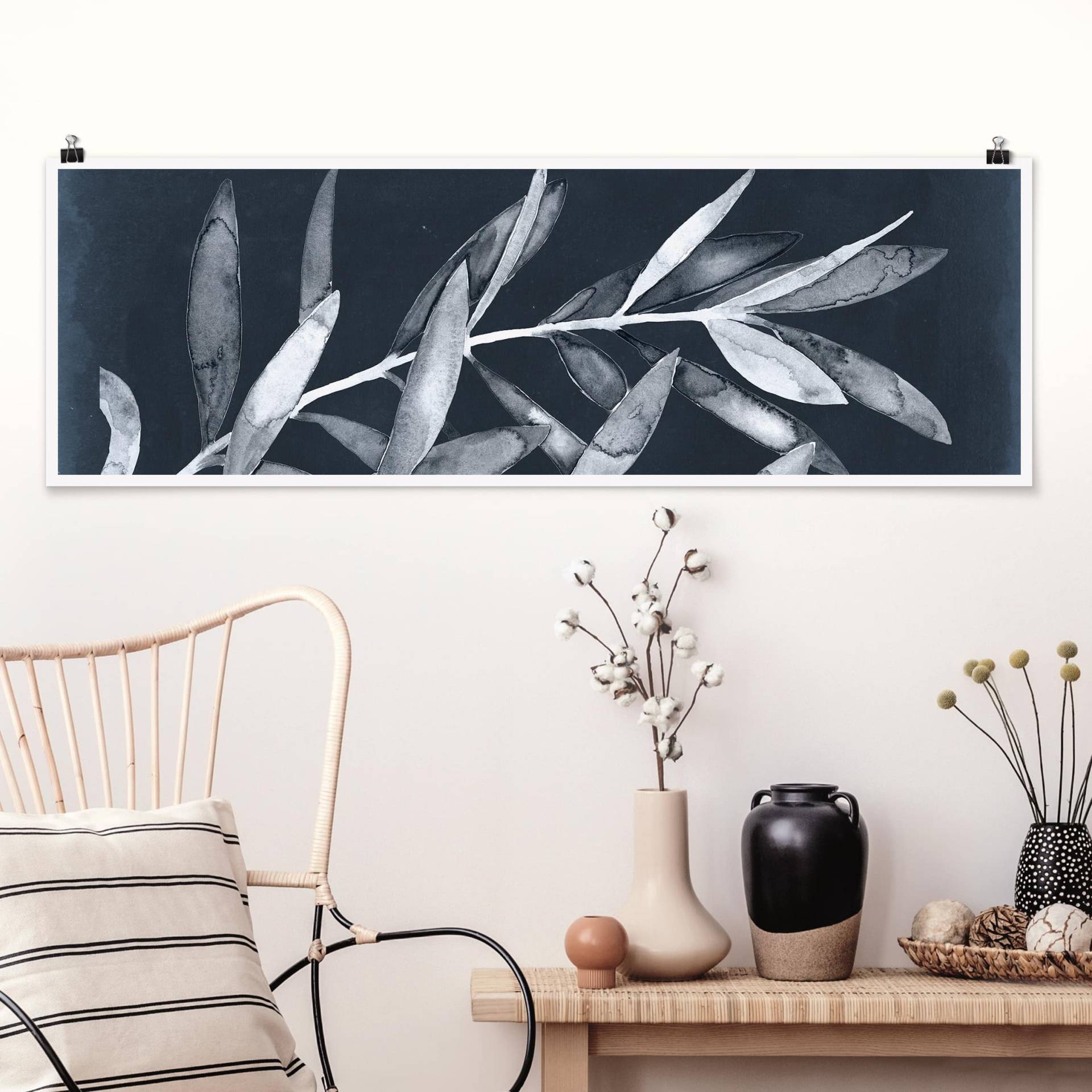 Panorama Poster Blumen Verzweigung auf Denim II von Klebefieber