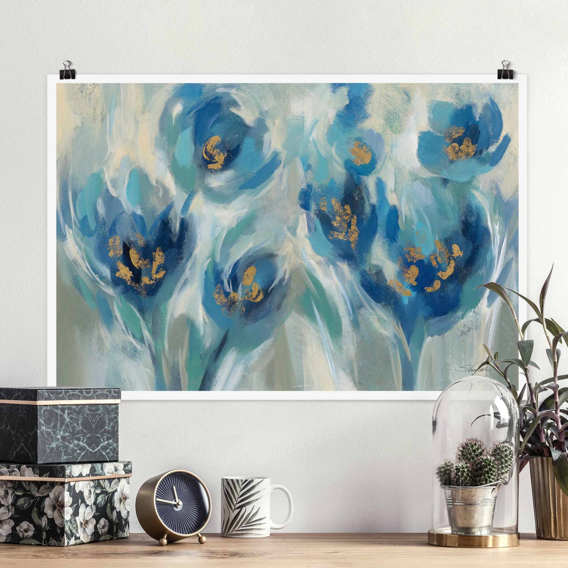 Poster Blaues Märchen mit Blumen von Klebefieber