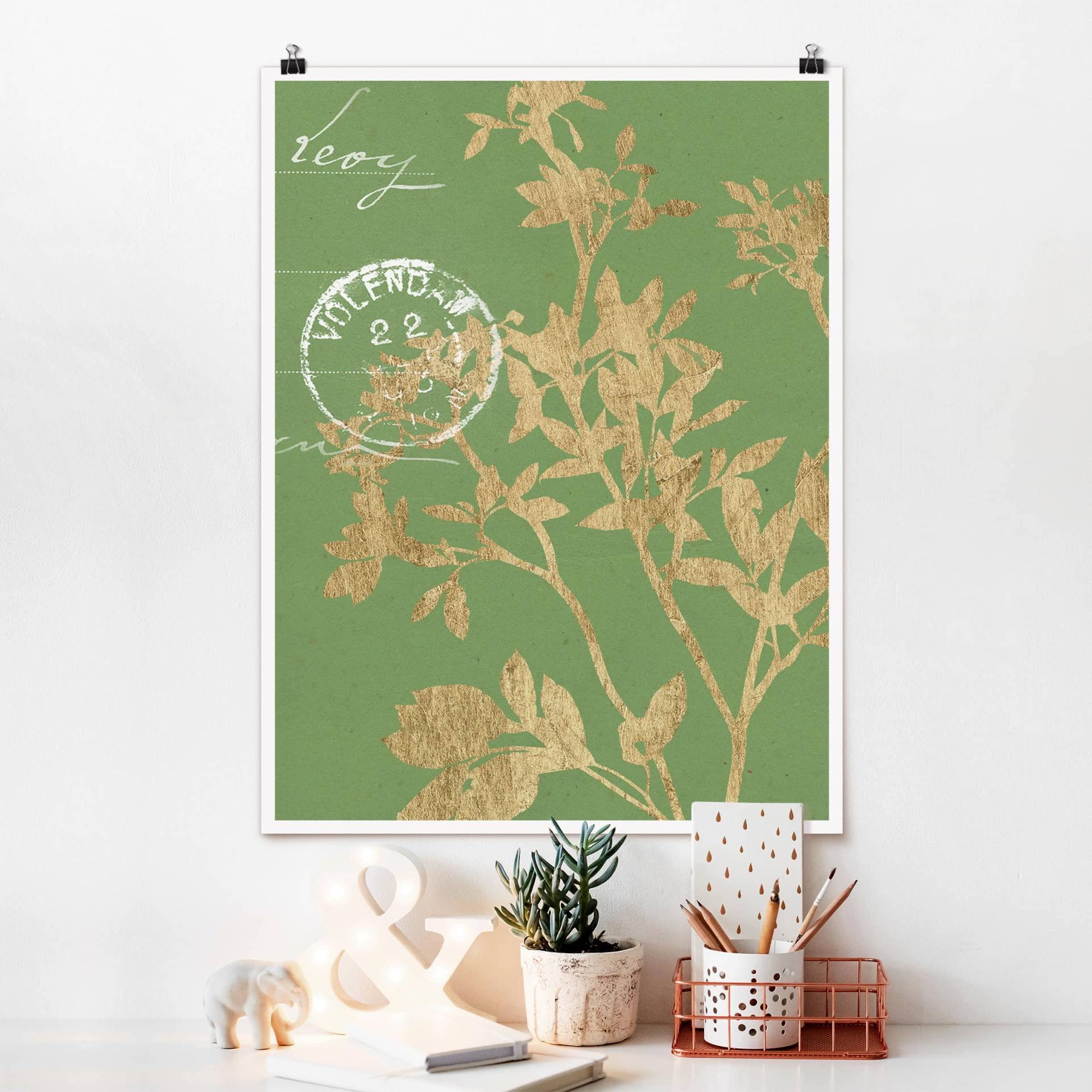 Poster Blumen Goldene Blätter auf Lind II von Klebefieber