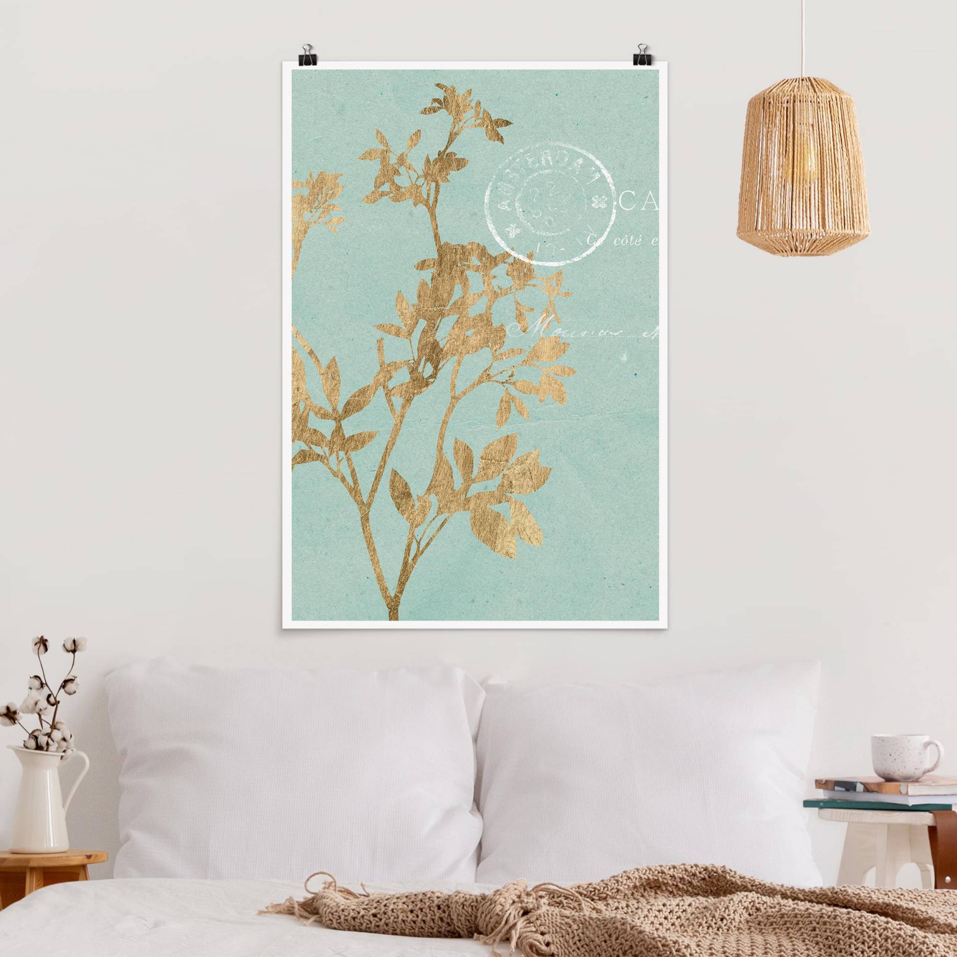 Poster Blumen Goldene Blätter auf Turquoise I von Klebefieber