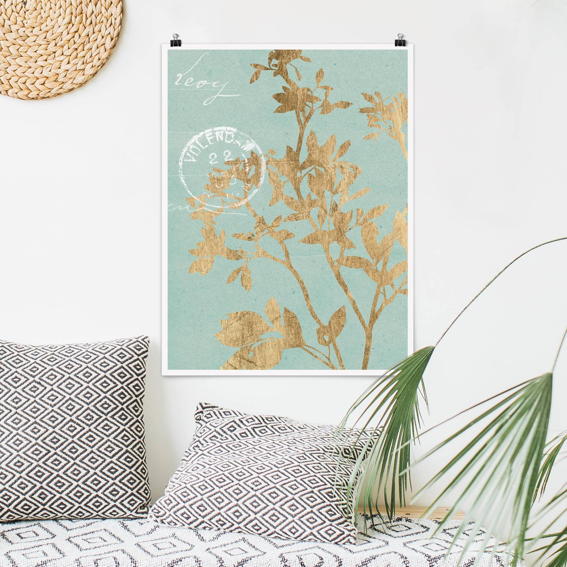 Poster Blumen Goldene Blätter auf Turquoise II von Klebefieber