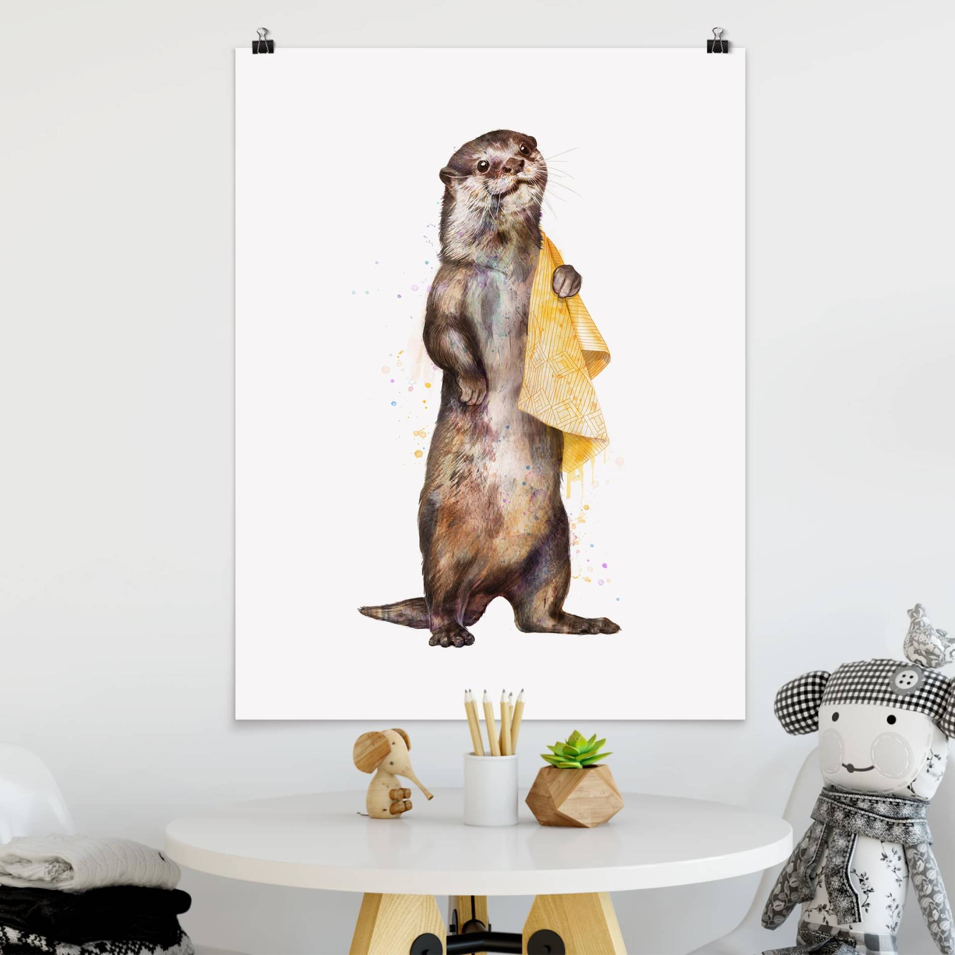 Poster Illustration Otter mit Handtuch Malerei Weiß von Klebefieber