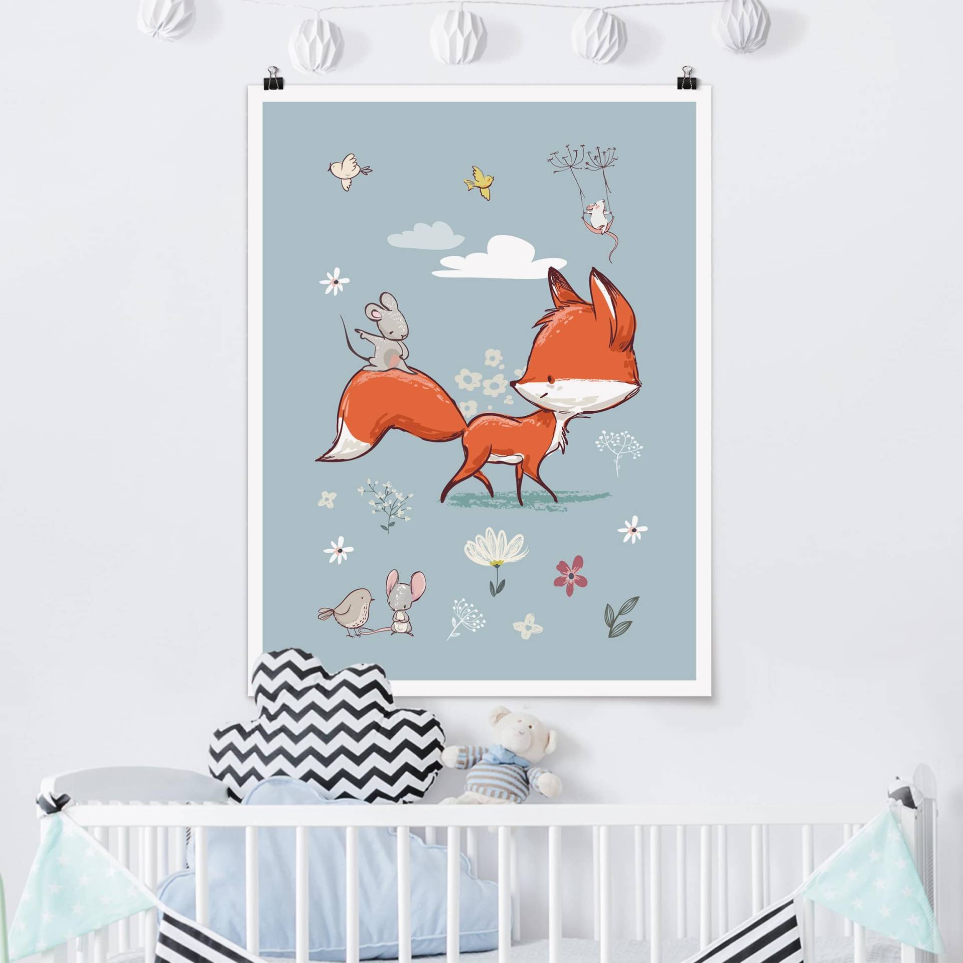Poster Kinderzimmer Fuchs und Maus auf Wanderschaft von Klebefieber