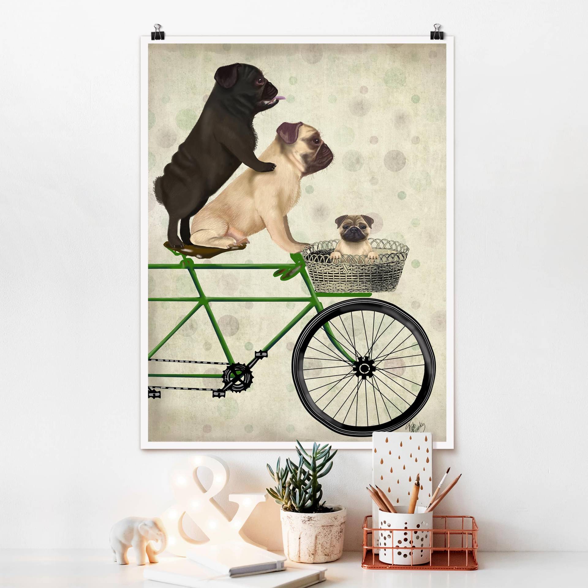 Poster Kinderzimmer Radtour - Möpse auf Fahrrad von Klebefieber