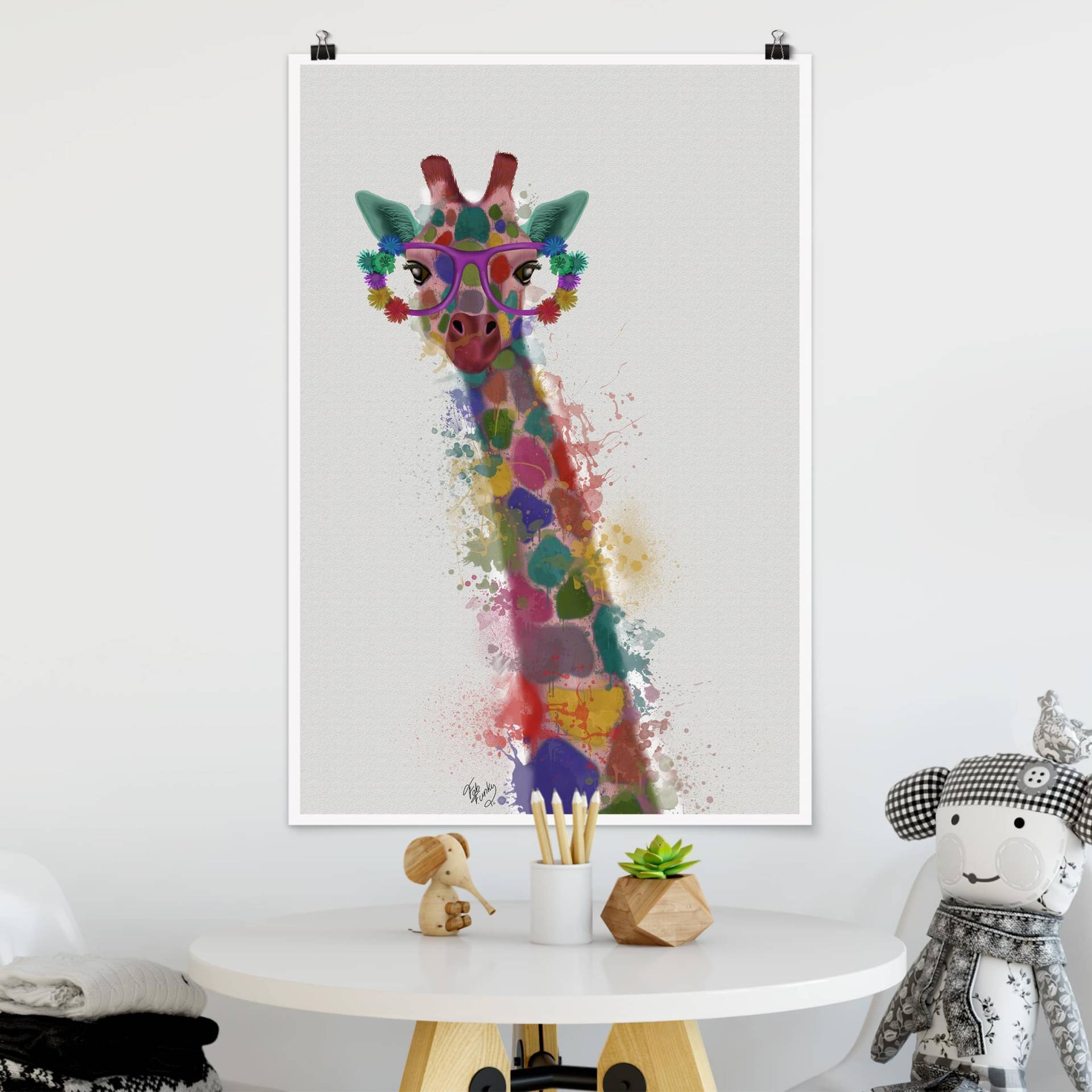 Poster Kinderzimmer Regenbogen Splash Giraffe von Klebefieber