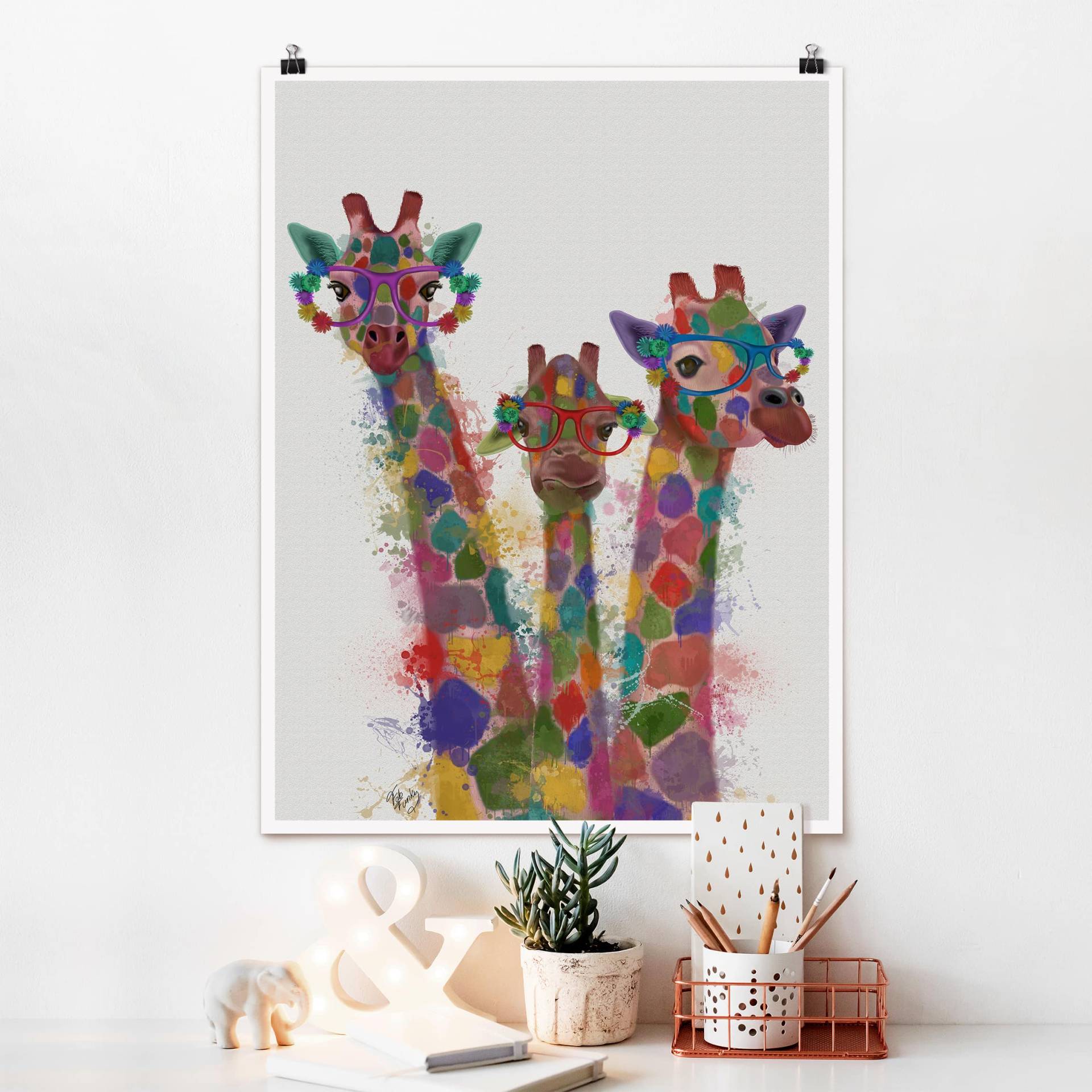 Poster Kinderzimmer Regenbogen Splash Giraffen-Trio von Klebefieber