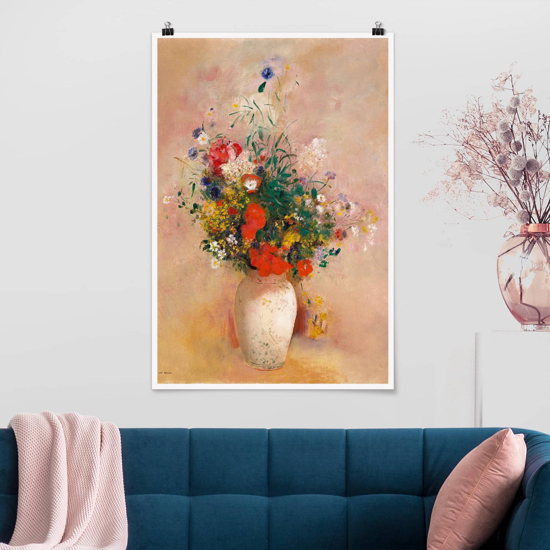 Poster Kunstdruck Odilon Redon - Vase mit Blumen (rosenfarbener Hintergrund) von Klebefieber