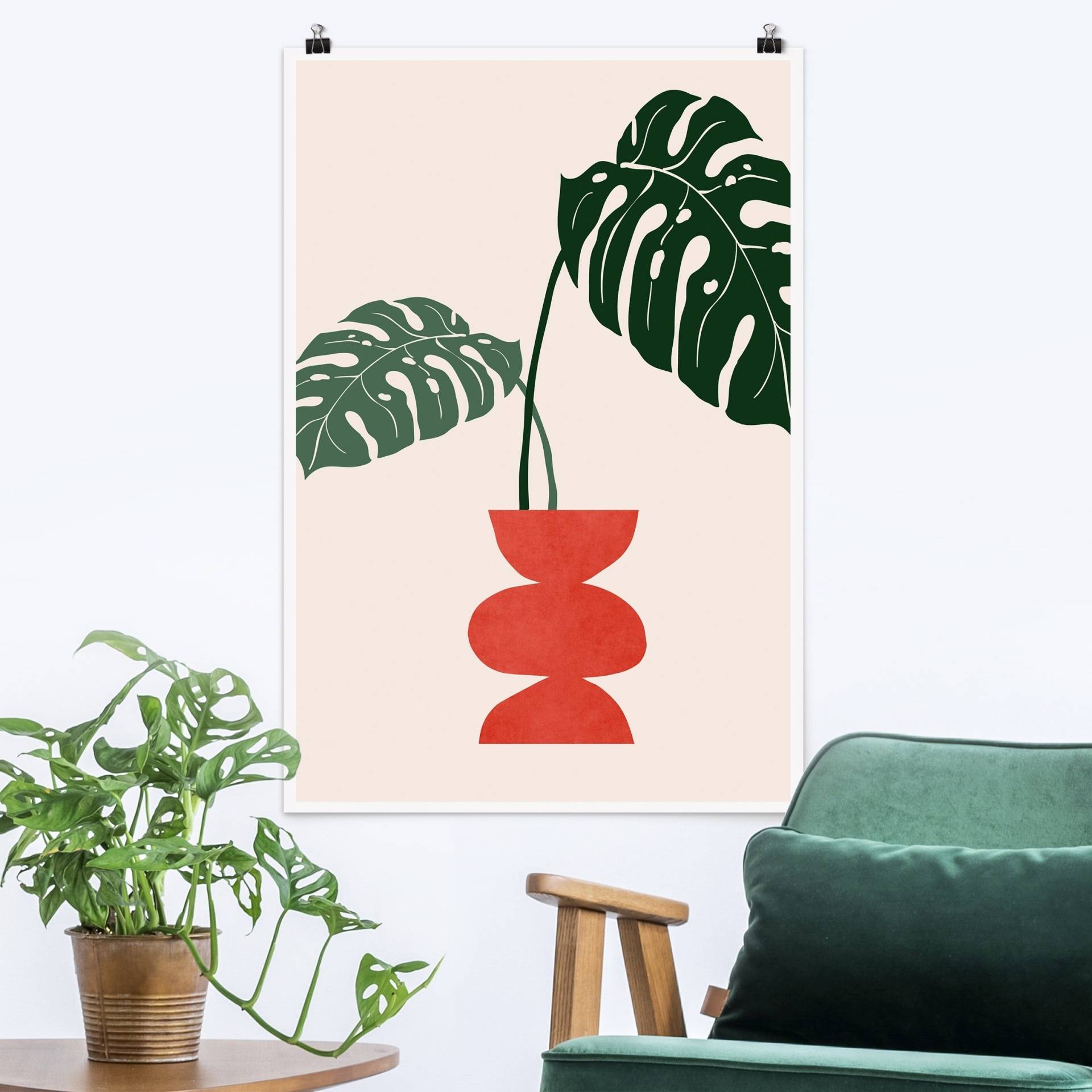 Poster Monstera in roter Vase von Klebefieber