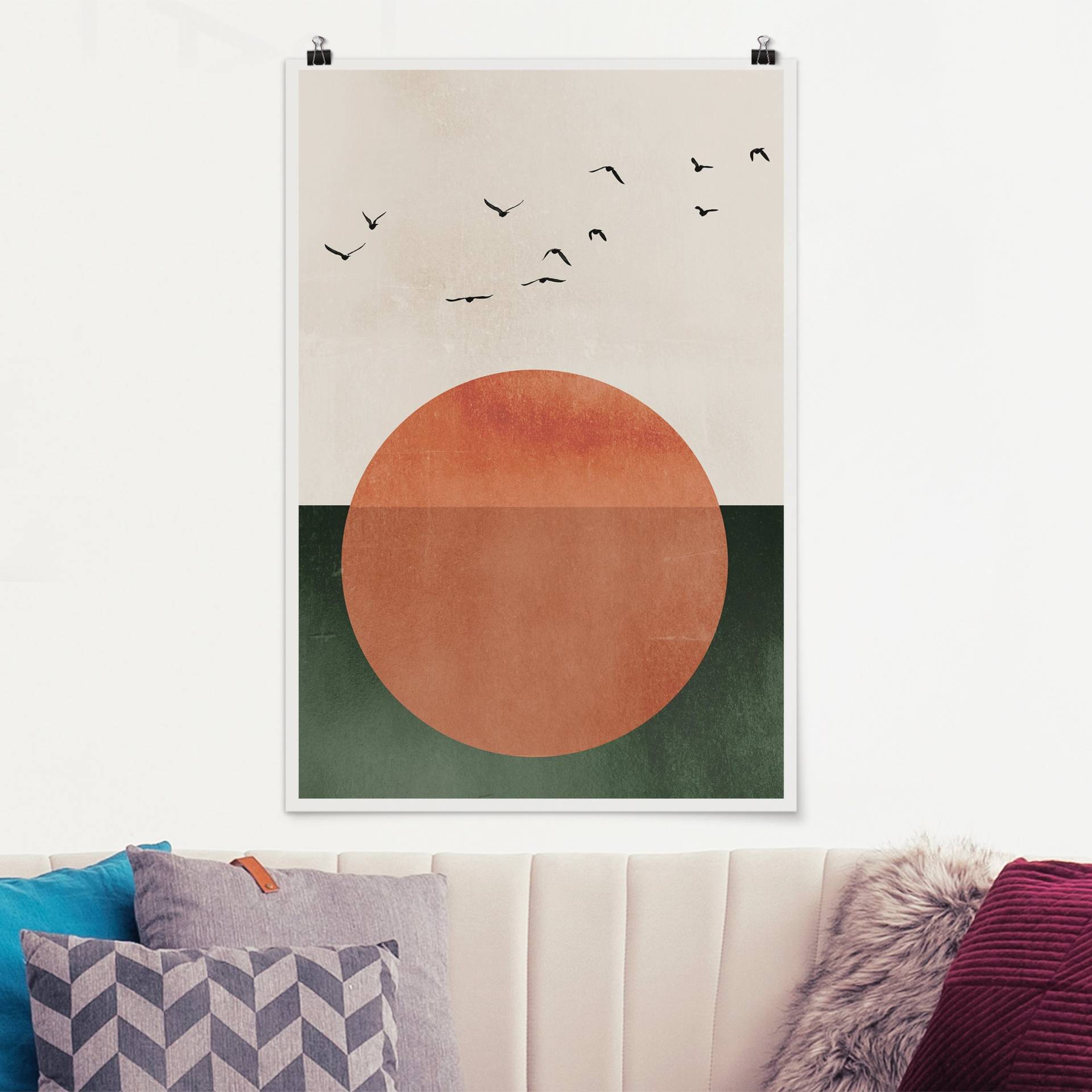 Poster Tiere Vogelschwarm vor aufgehender Sonne von Klebefieber