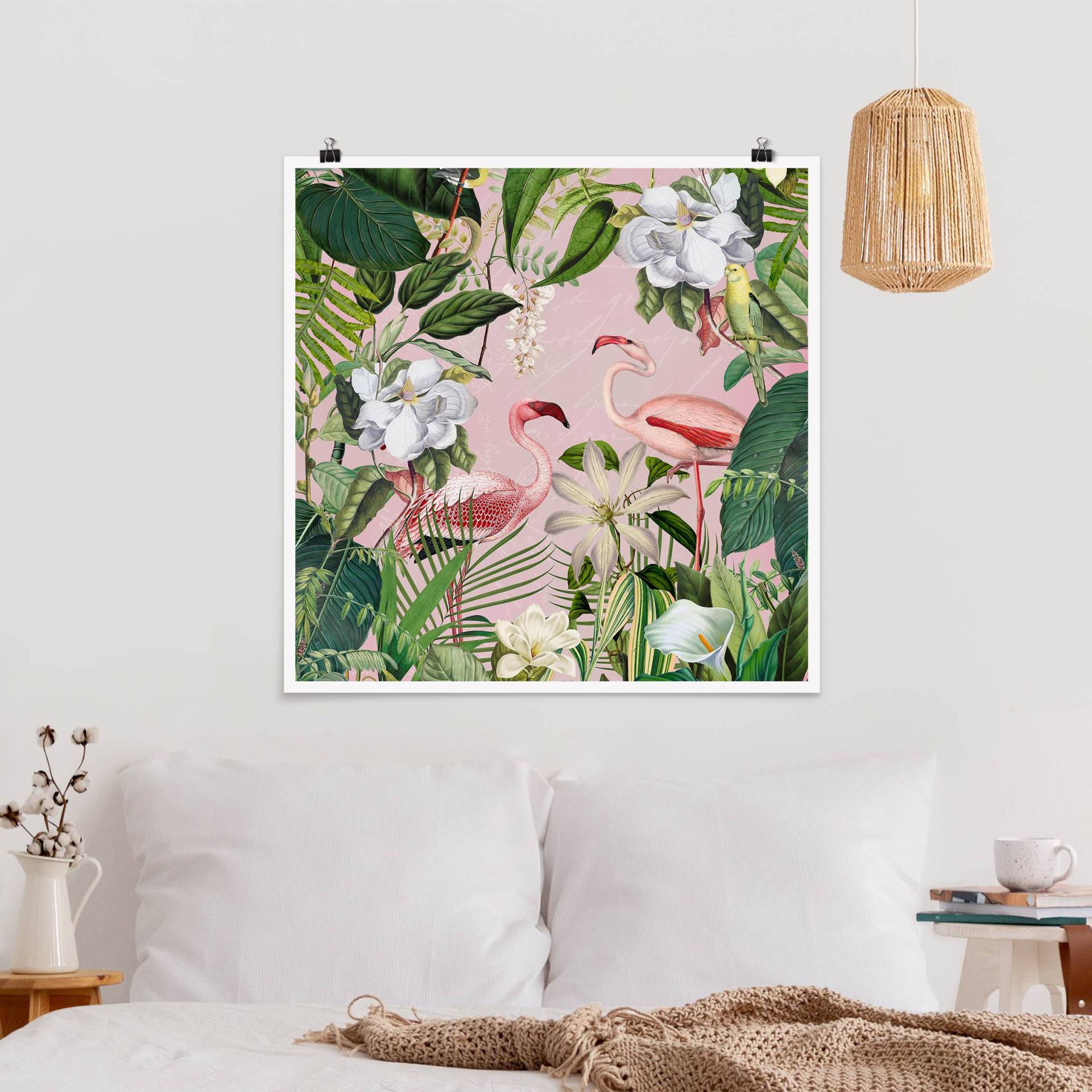 Poster Tropische Flamingos mit Pflanzen in Rosa von Klebefieber
