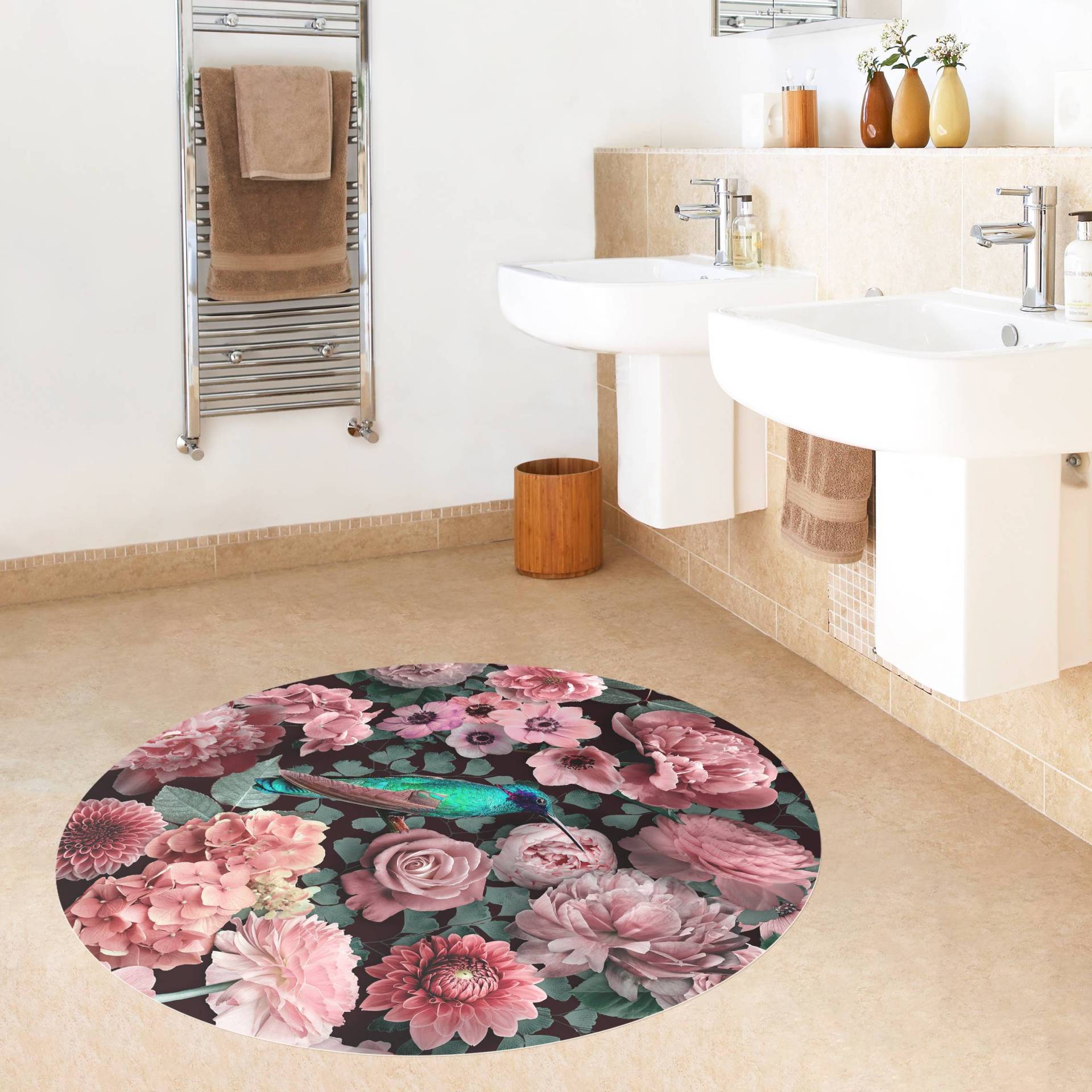 Runder Vinyl-Teppich Blumenparadies Kolibri mit Rosen von Klebefieber