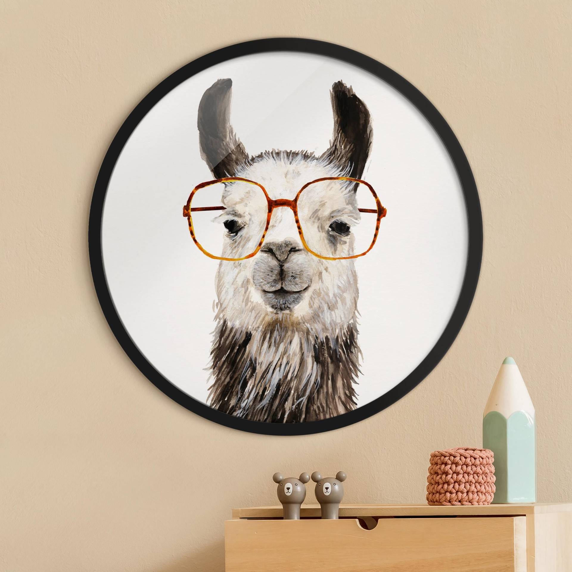 Rundes Gerahmtes Bild Hippes Lama mit Brille IV von Klebefieber