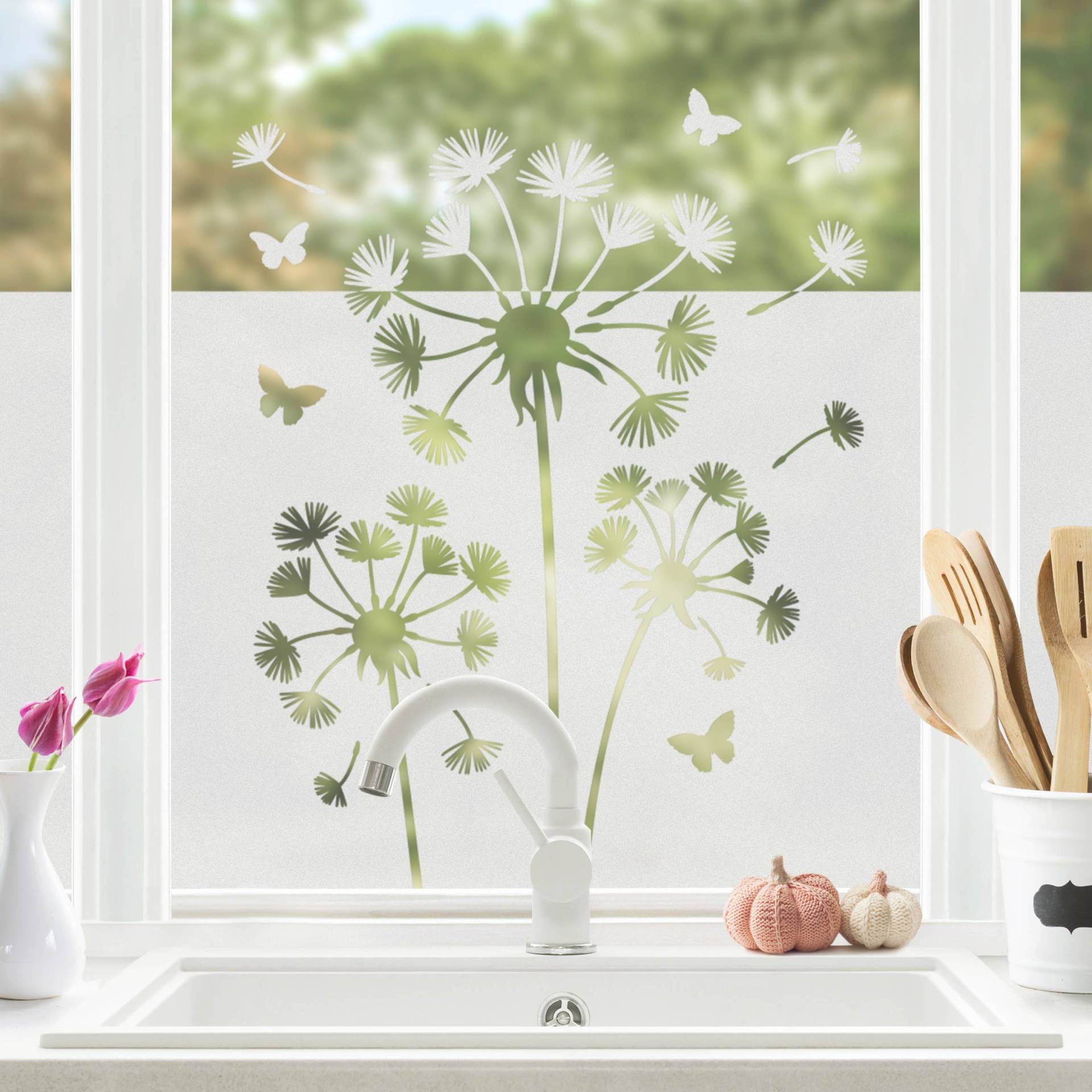 Fensterfolie Sichtschutz Pusteblumen mit Schmetterlingen Bordüre von Klebefieber