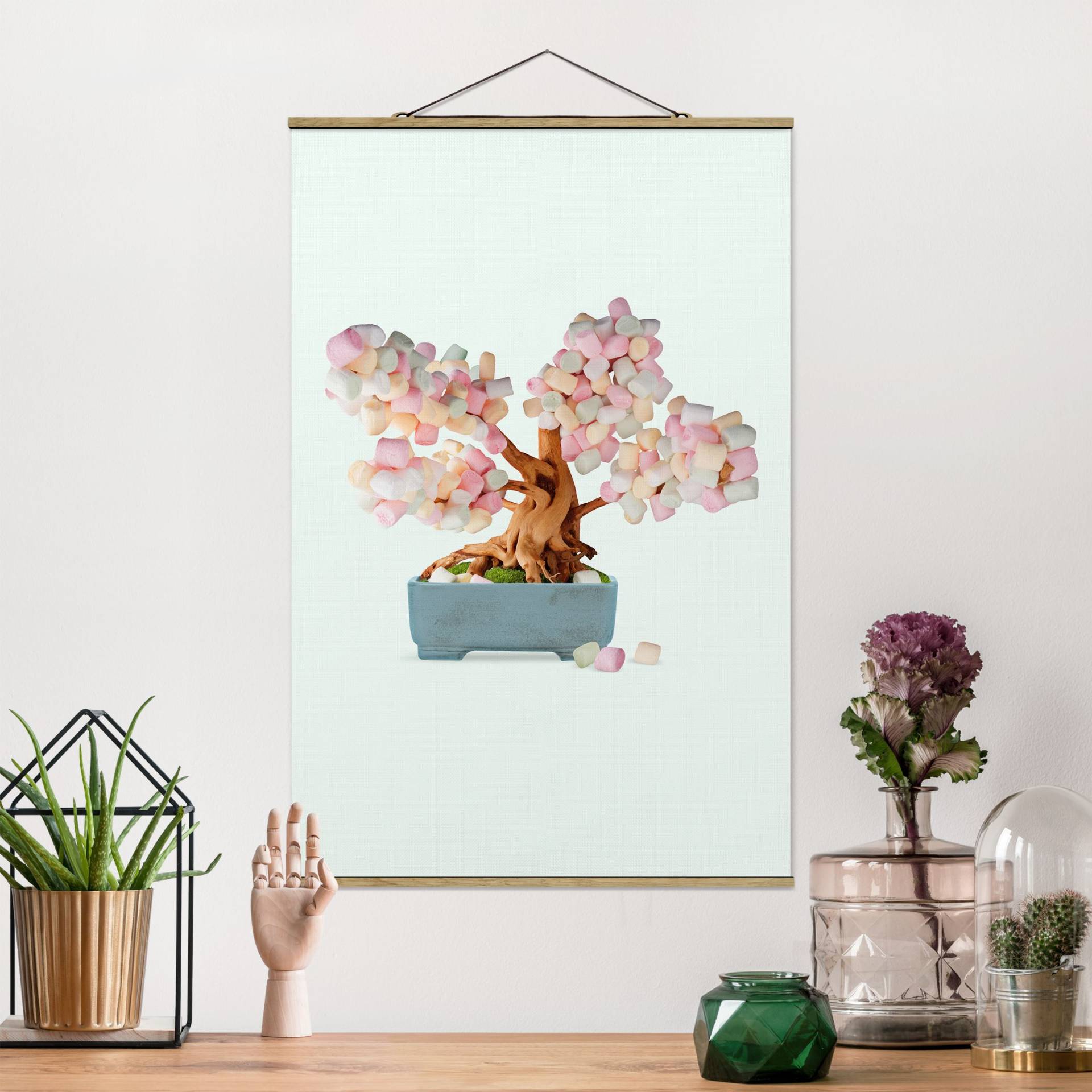 Stoffbild mit Posterleisten Bonsai mit Marshmallows von Klebefieber