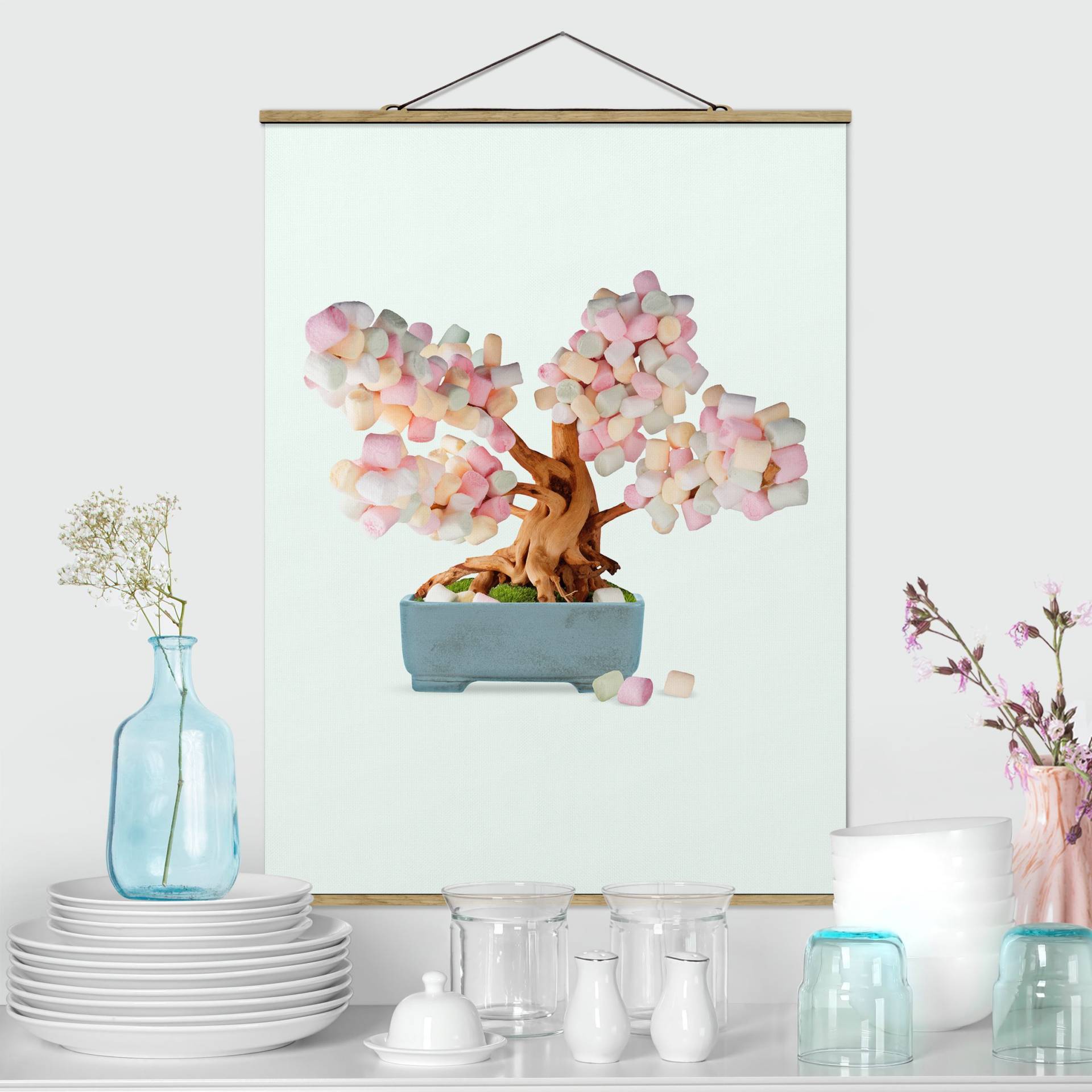 Stoffbild mit Posterleisten Bonsai mit Marshmallows von Klebefieber