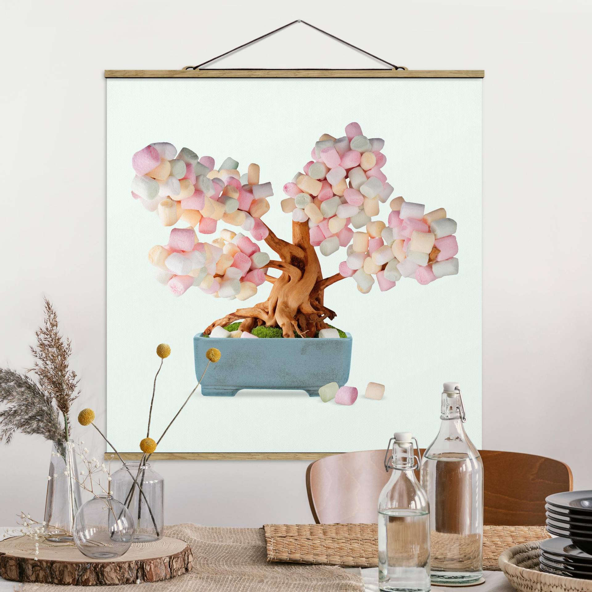 Stoffbild mit Posterleisten Bonsai mit Marshmallows von Klebefieber