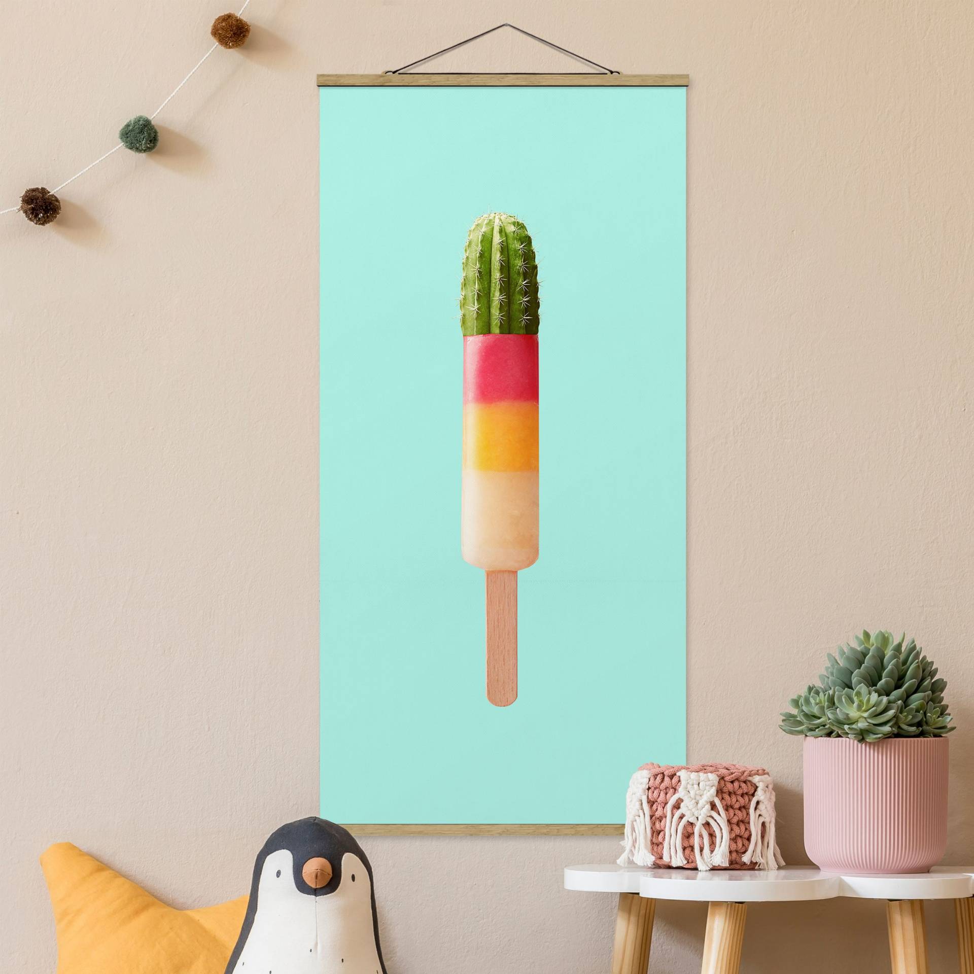 Stoffbild mit Posterleisten Eis mit Kaktus von Klebefieber