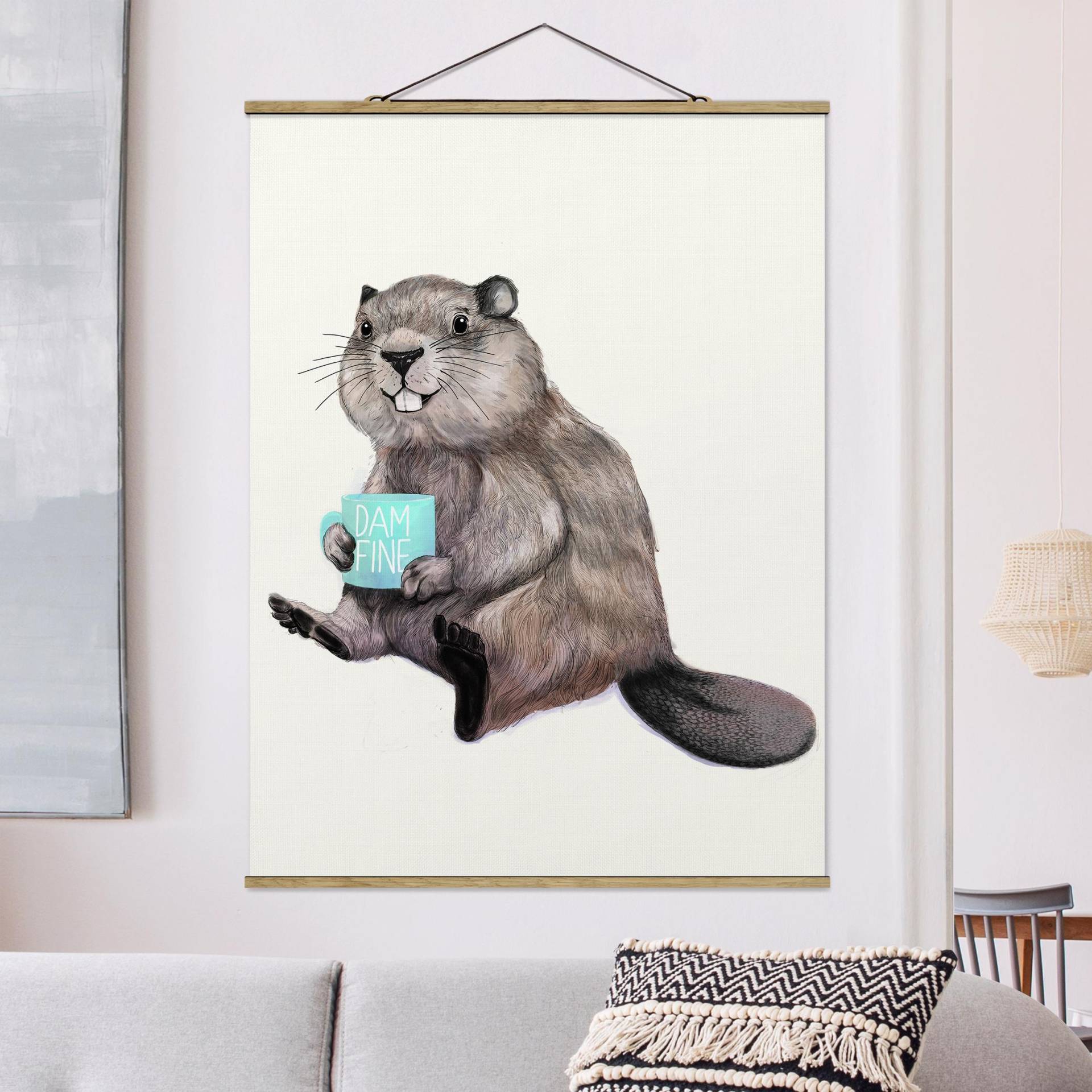 Stoffbild mit Posterleisten Illustration Biber mit Kaffeetasse von Klebefieber