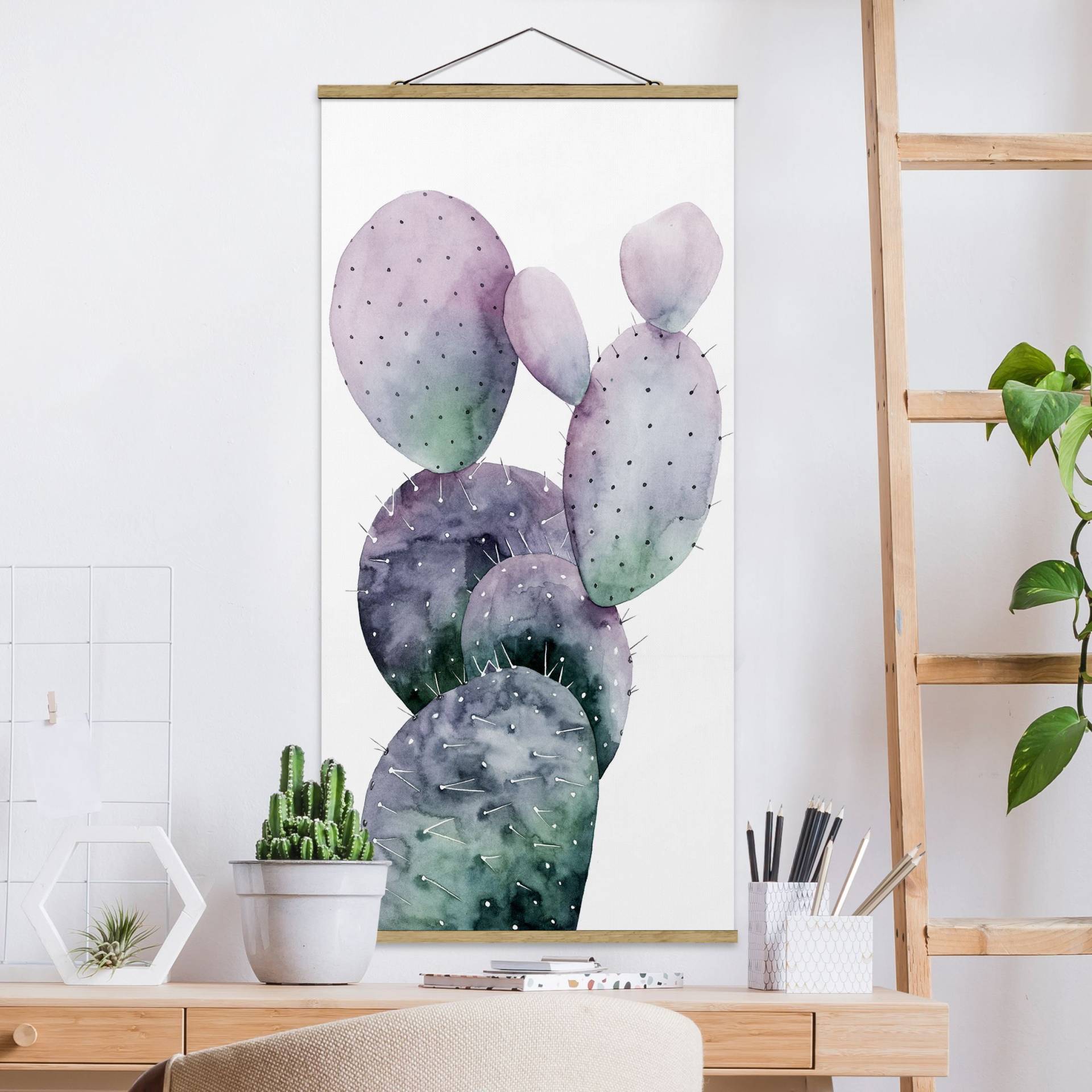 Stoffbild mit Posterleisten Kaktus in Lila I von Klebefieber