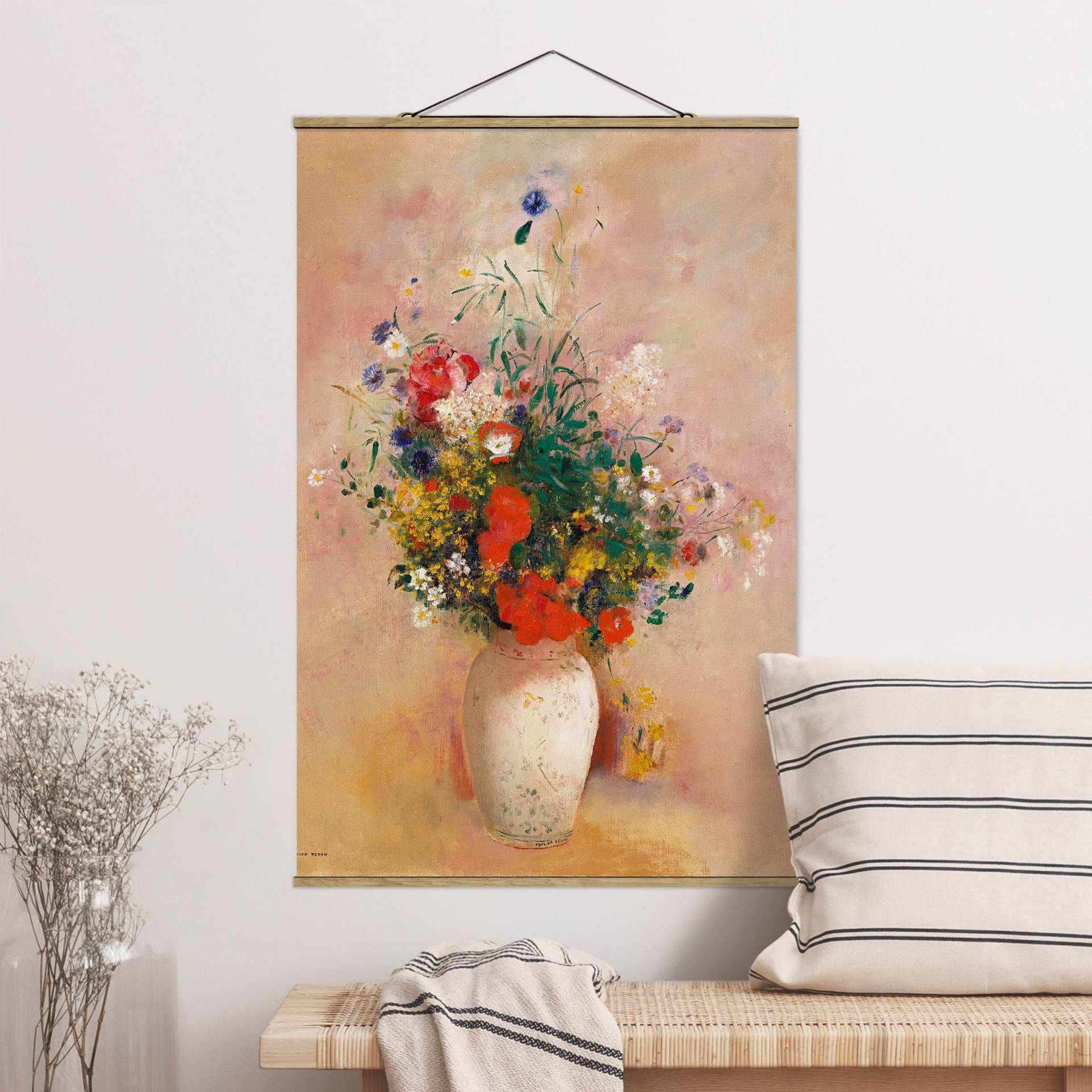 Stoffbild mit Posterleisten Odilon Redon - Vase mit Blumen (rosenfarbener Hintergrund) von Klebefieber