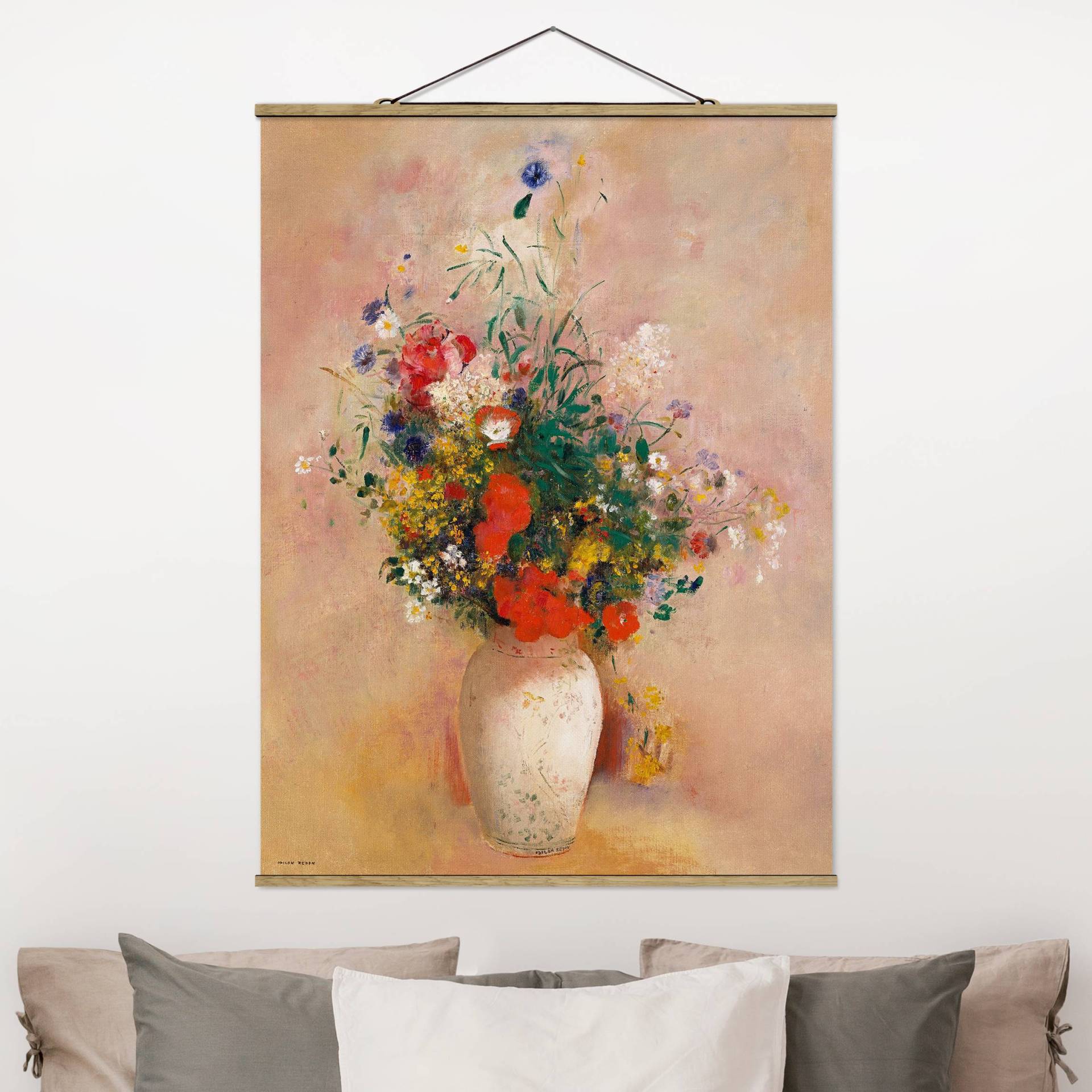 Stoffbild mit Posterleisten Odilon Redon - Vase mit Blumen (rosenfarbener Hintergrund) von Klebefieber