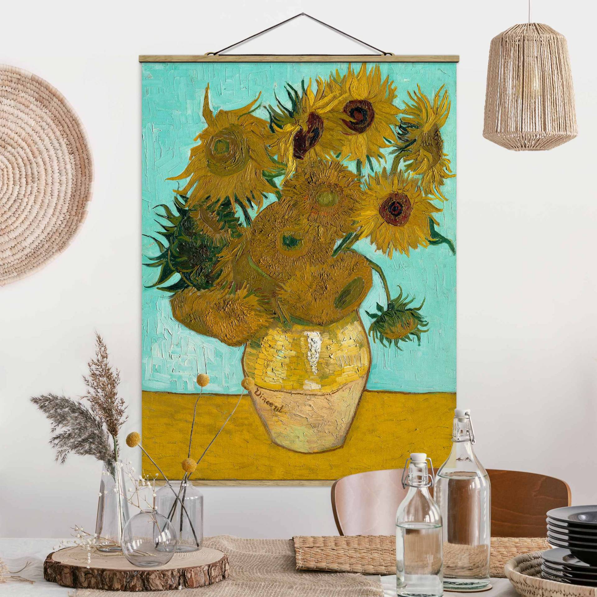 Stoffbild mit Posterleisten Vincent van Gogh - Vase mit Sonnenblumen von Klebefieber