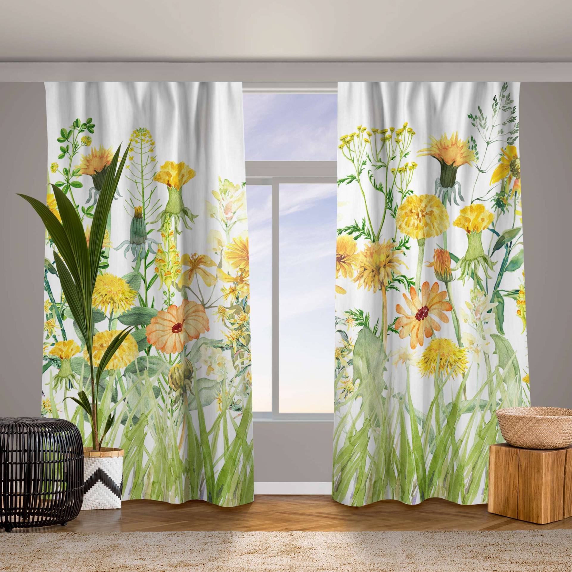 Vorhang Aquarellierte Blumenwiese in Gelb von Klebefieber
