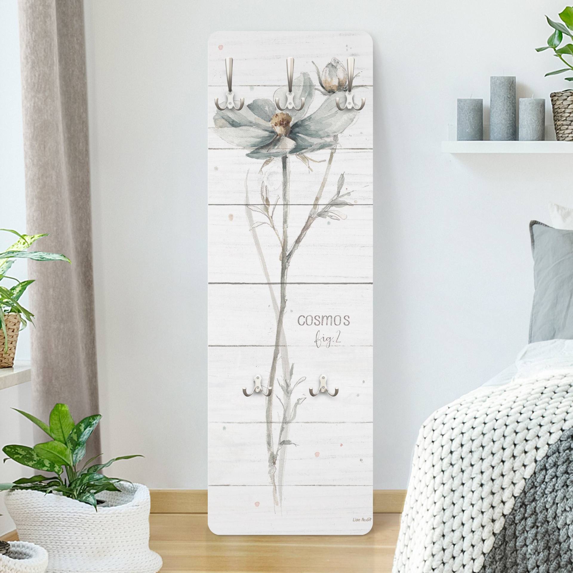 Wandgarderobe Aquarell Cosmea auf Holz von Klebefieber